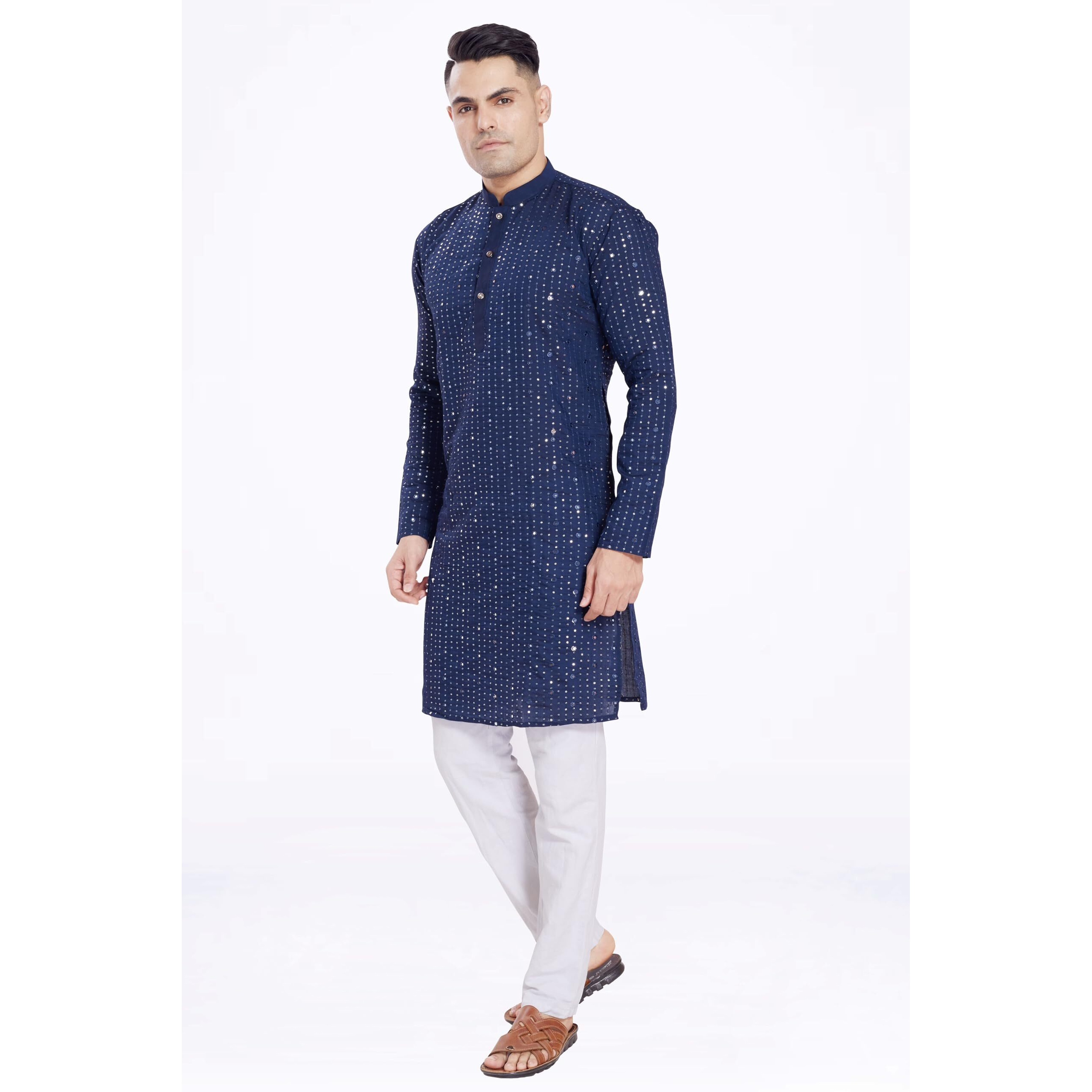 Divisive Men's Sequince Mirror Embroidered Cotton Silk Blend Only Slim Fit Kurta (Dkrt176_Xxl_Navy Blue)