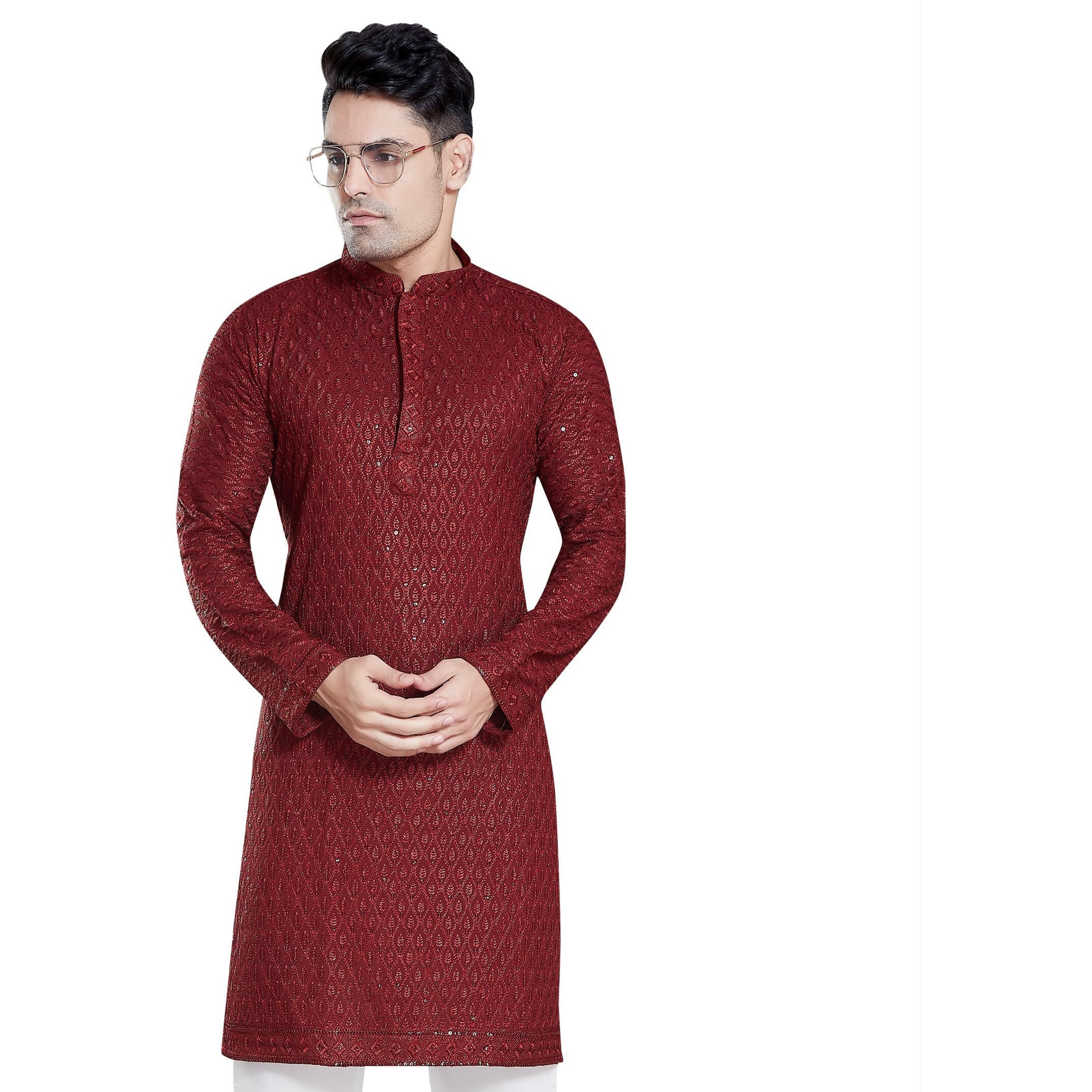 Divisive Men's Sequince Embroidered Cotton Blend Only Slim Fit Kurta (Dkrt115_L_Maroon)
