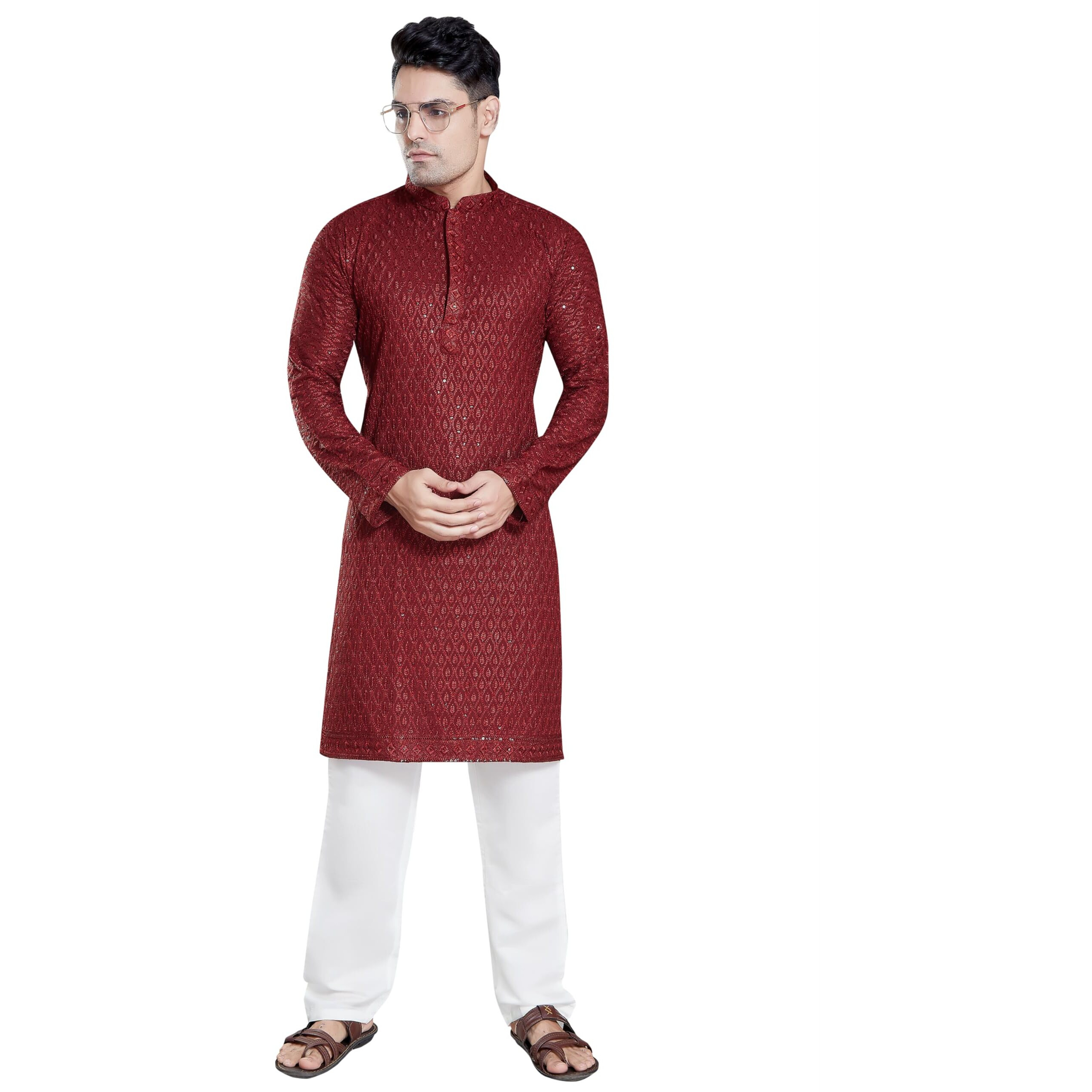 Divisive Men's Sequince Embroidered Cotton Blend Only Slim Fit Kurta (Dkrt115_L_Maroon)