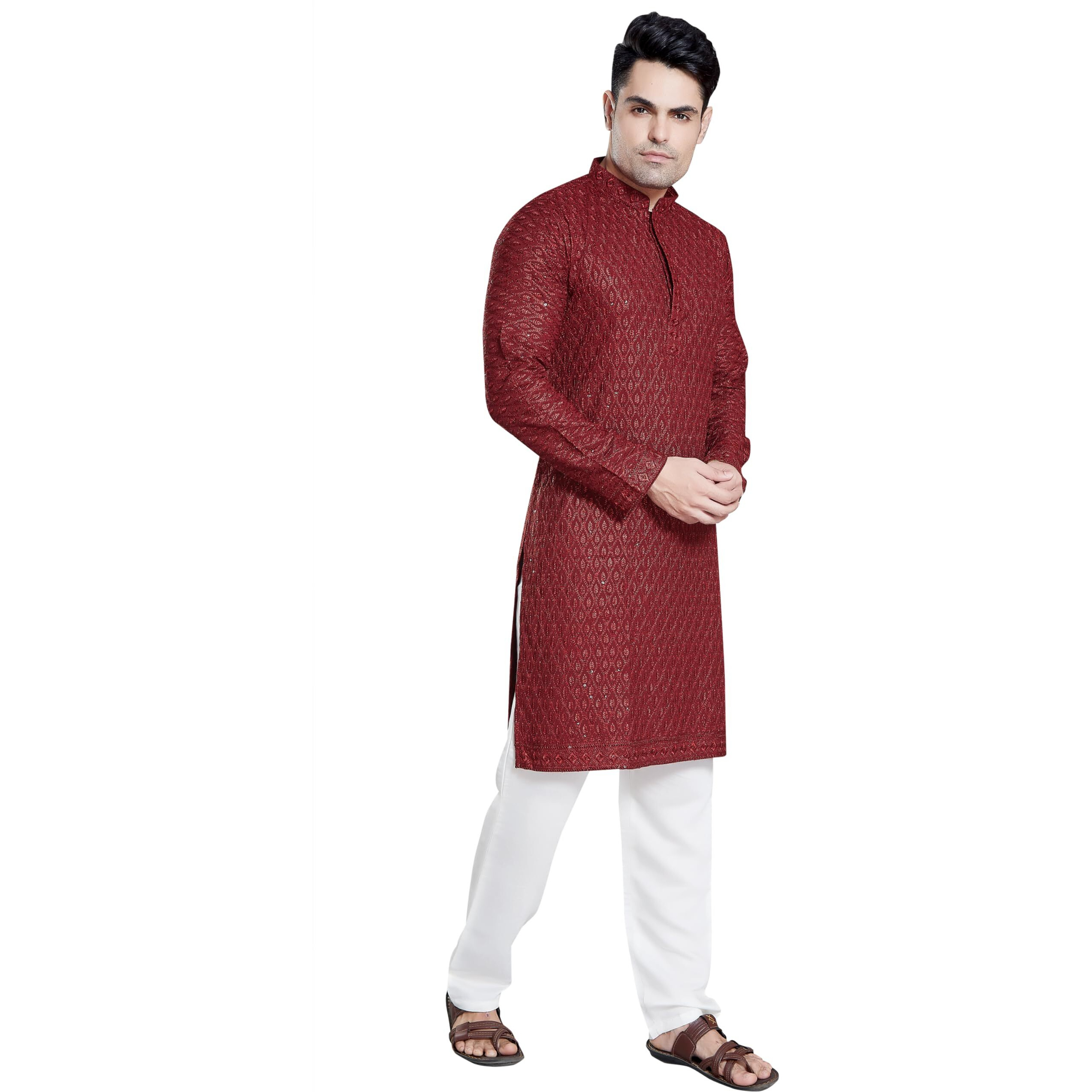Divisive Men's Sequince Embroidered Cotton Blend Only Slim Fit Kurta (Dkrt115_L_Maroon)