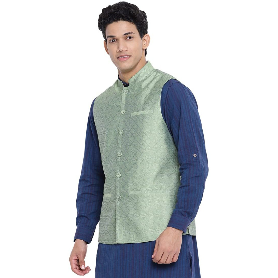 Fabindia Men Viscose Silk Chinese Collar Nehru Jacket Green_Xxl