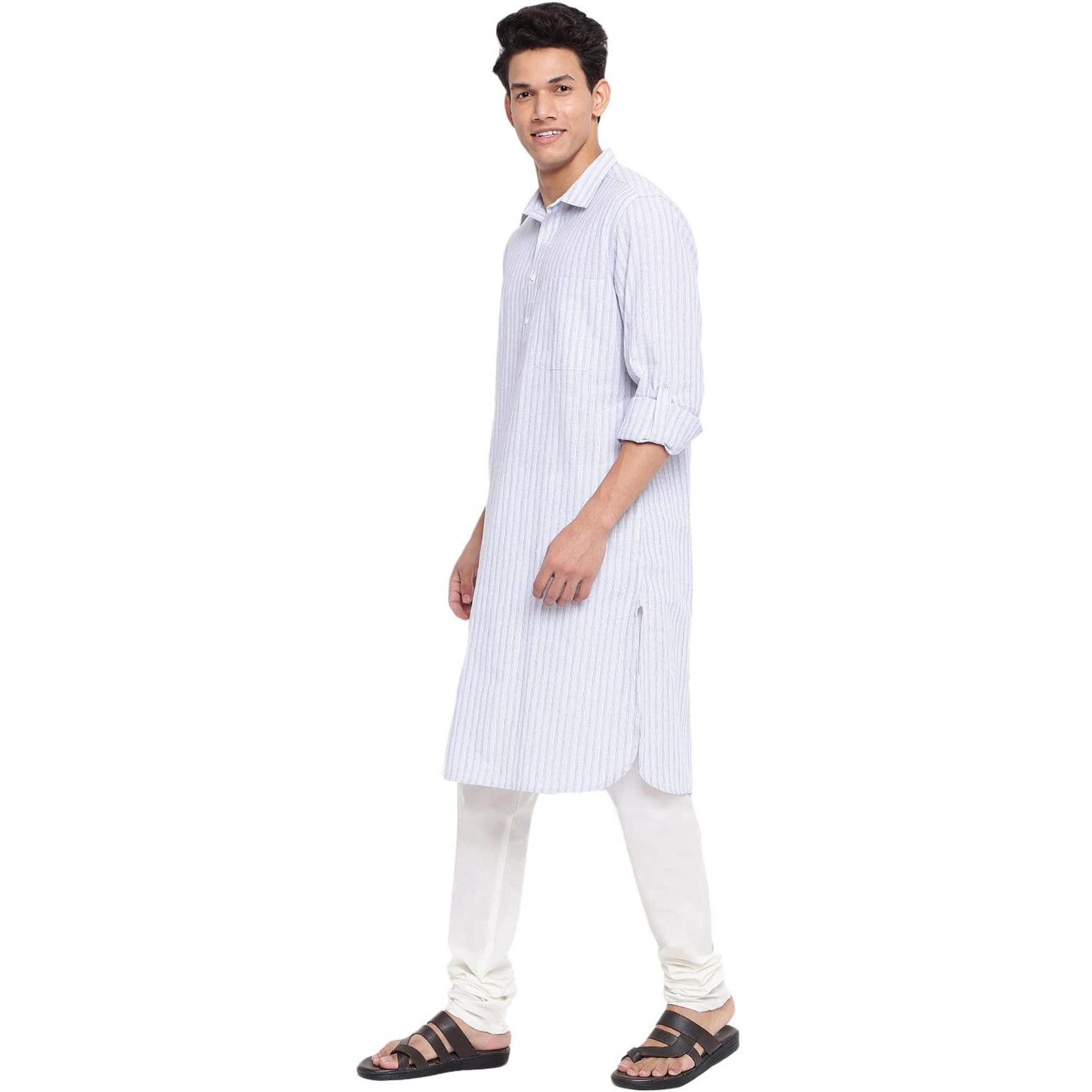 Fabindia Men Linen Regular Collar Pathani Kurta Cotton_M Off White