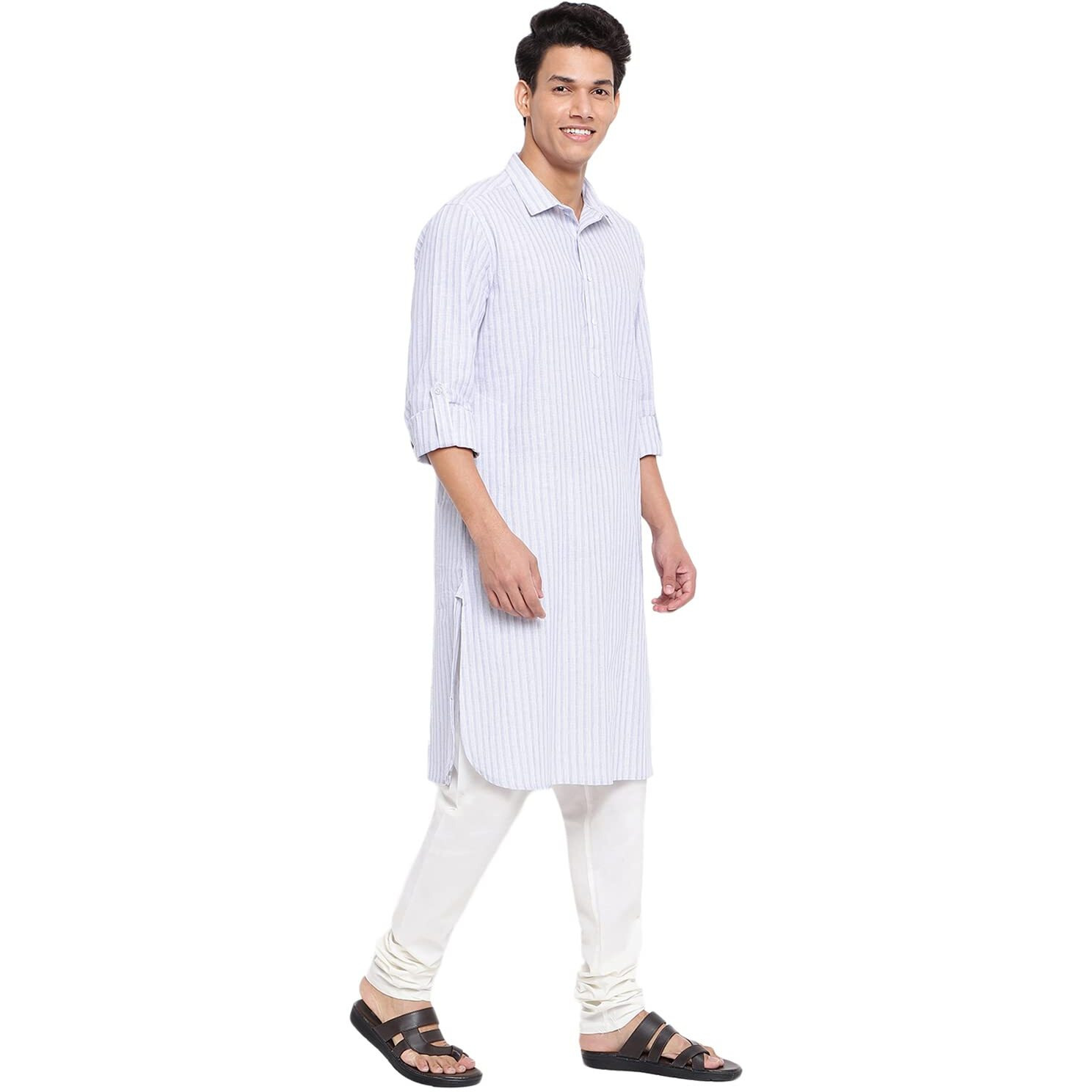 Fabindia Men Linen Regular Collar Pathani Kurta Cotton_M Off White