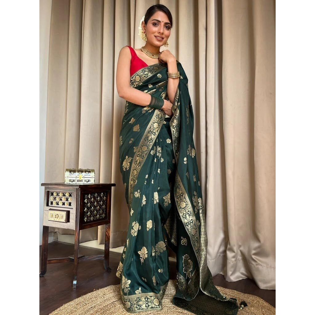 Flosive Women's Kanjivaram Silk Saree With Weaving Work With Blouse Piece And Zari Border (Green)