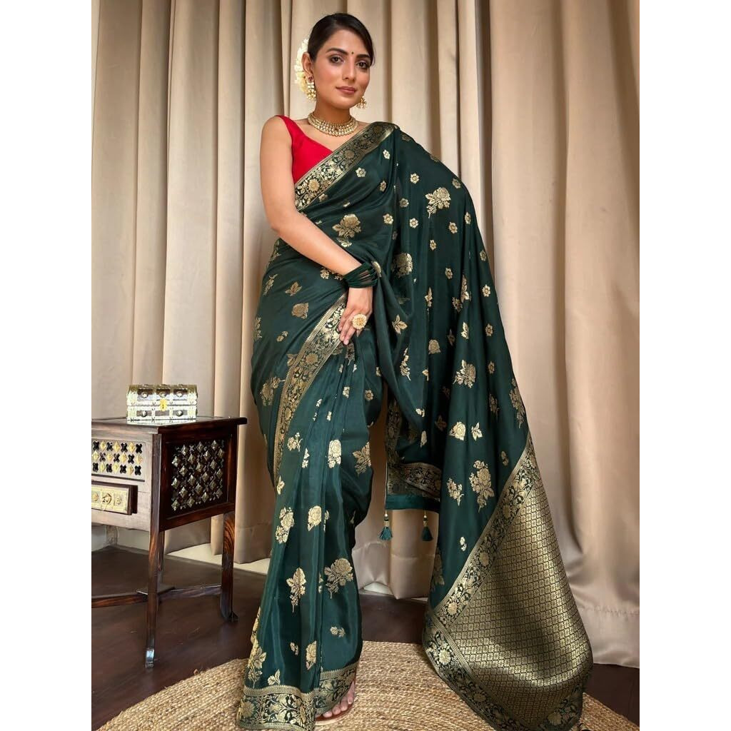 Flosive Women's Kanjivaram Silk Saree With Weaving Work With Blouse Piece And Zari Border (Green)