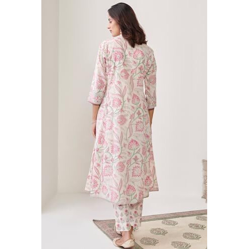 Greciilooks Women's Cotton Blend Printed Regular Fit Kurta Set (Gl-K2728&P149&D98_White_Xl)