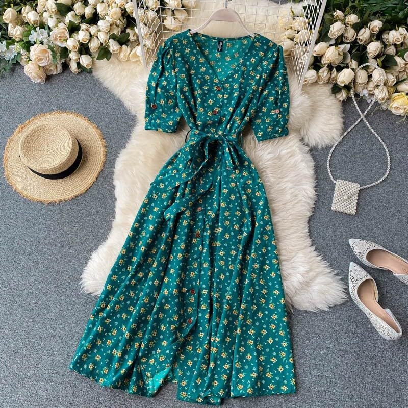 Gufrina Dresses For Women Half Sleeve || Floral Print || V-Neck And Puff Sleeves || Front Open Button & Tie-Up || Midi Dress (Green S)