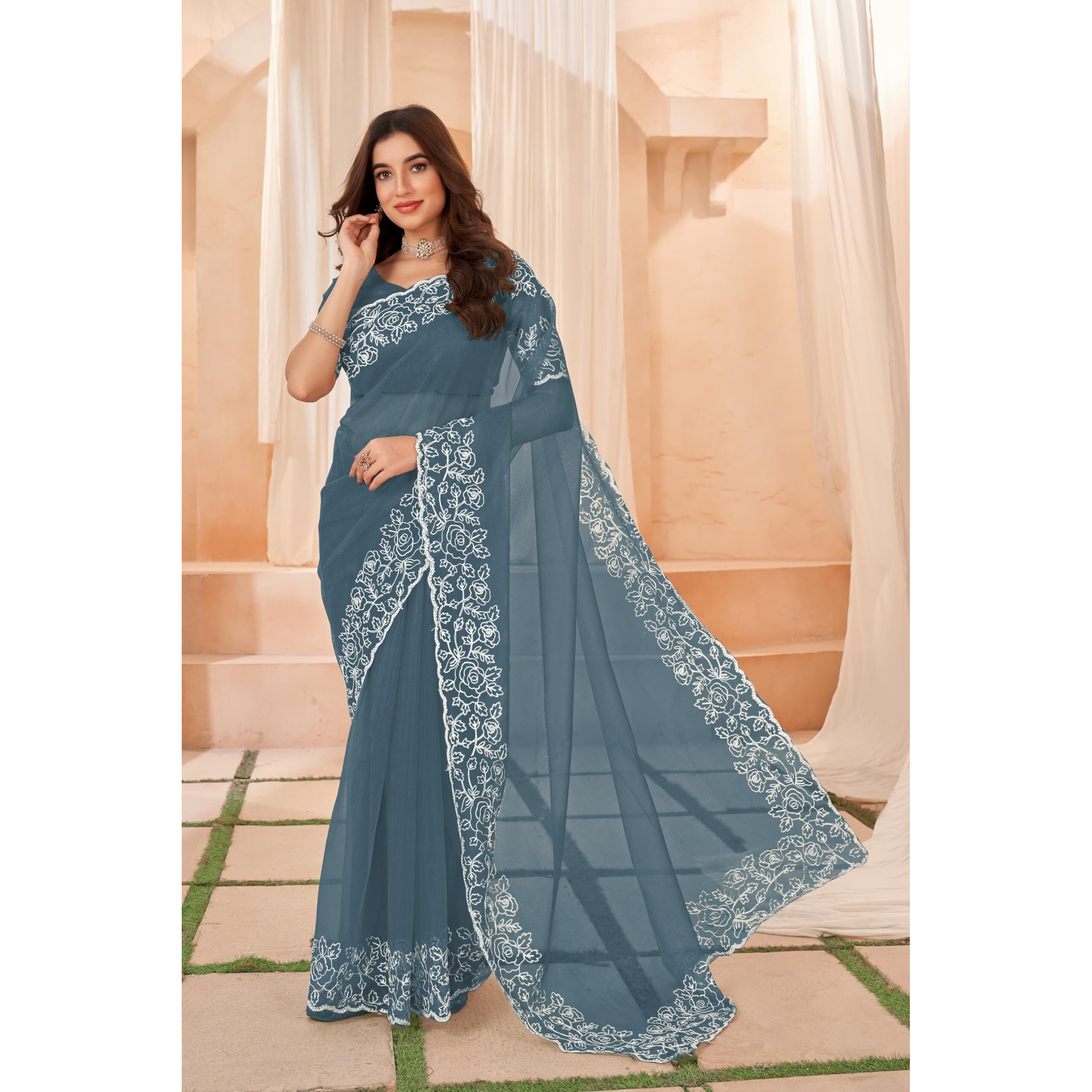 Glory Sarees Women's Organza Silk Embroidered Saree With Blouse Piece (Organza102_Grey)