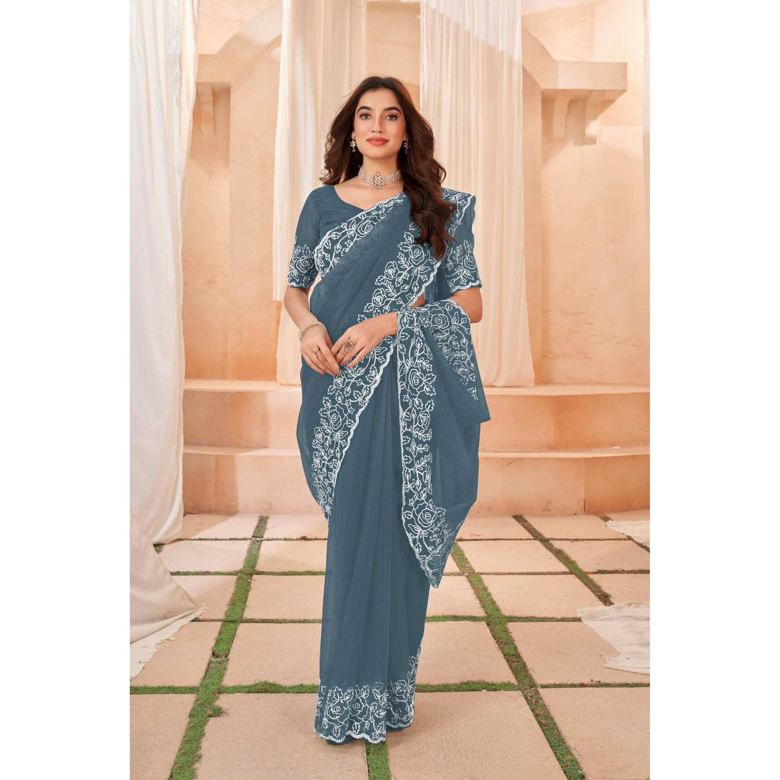 Glory Sarees Women's Organza Silk Embroidered Saree With Blouse Piece (Organza102_Grey)