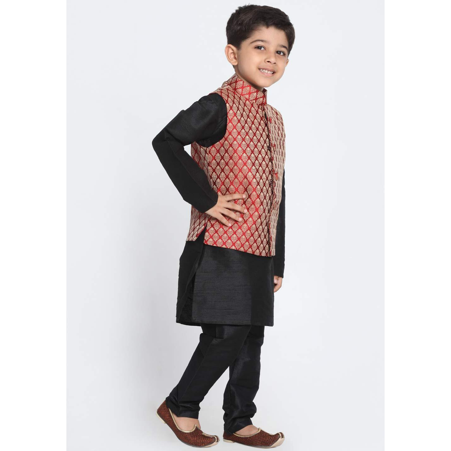 Jbn Creation Vastramay Boy's Maroon Cotton Silk Blend Jacket, Kurta And Pyjama Set_Vasnbj005Manbkbl001Npbl_36