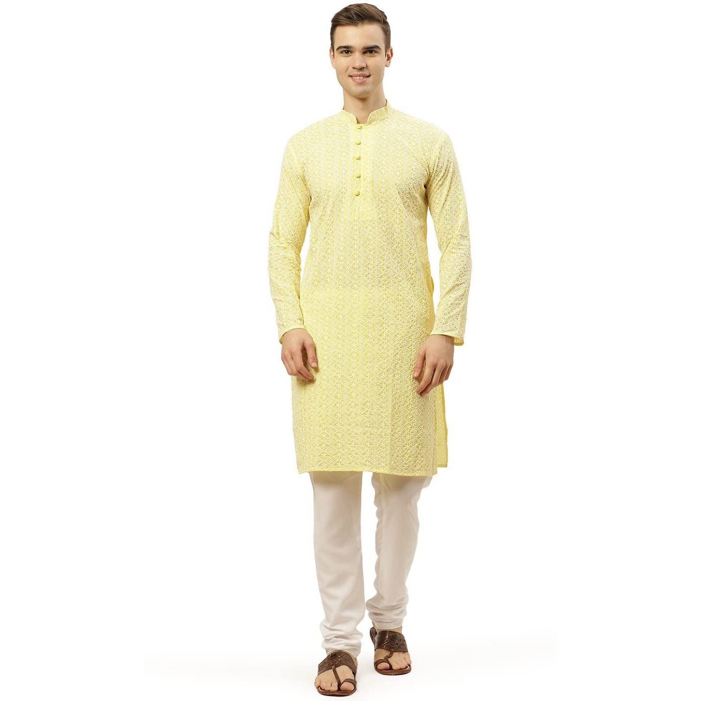 Jompers Men's Yellow & White Embroidered Straight Kurta Pyjama Set. (Yellow, M)