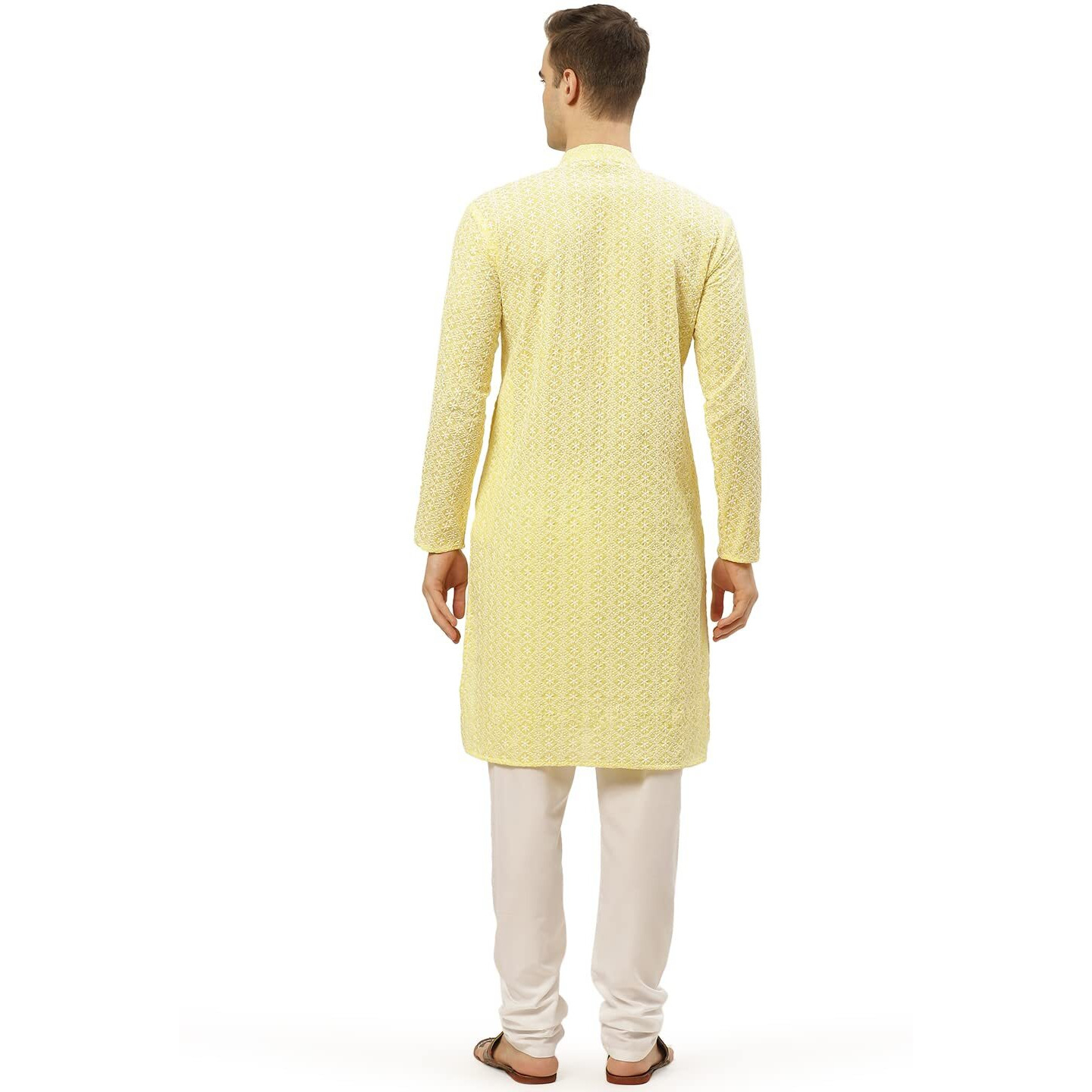 Jompers Men's Yellow & White Embroidered Straight Kurta Pyjama Set. (Yellow, M)