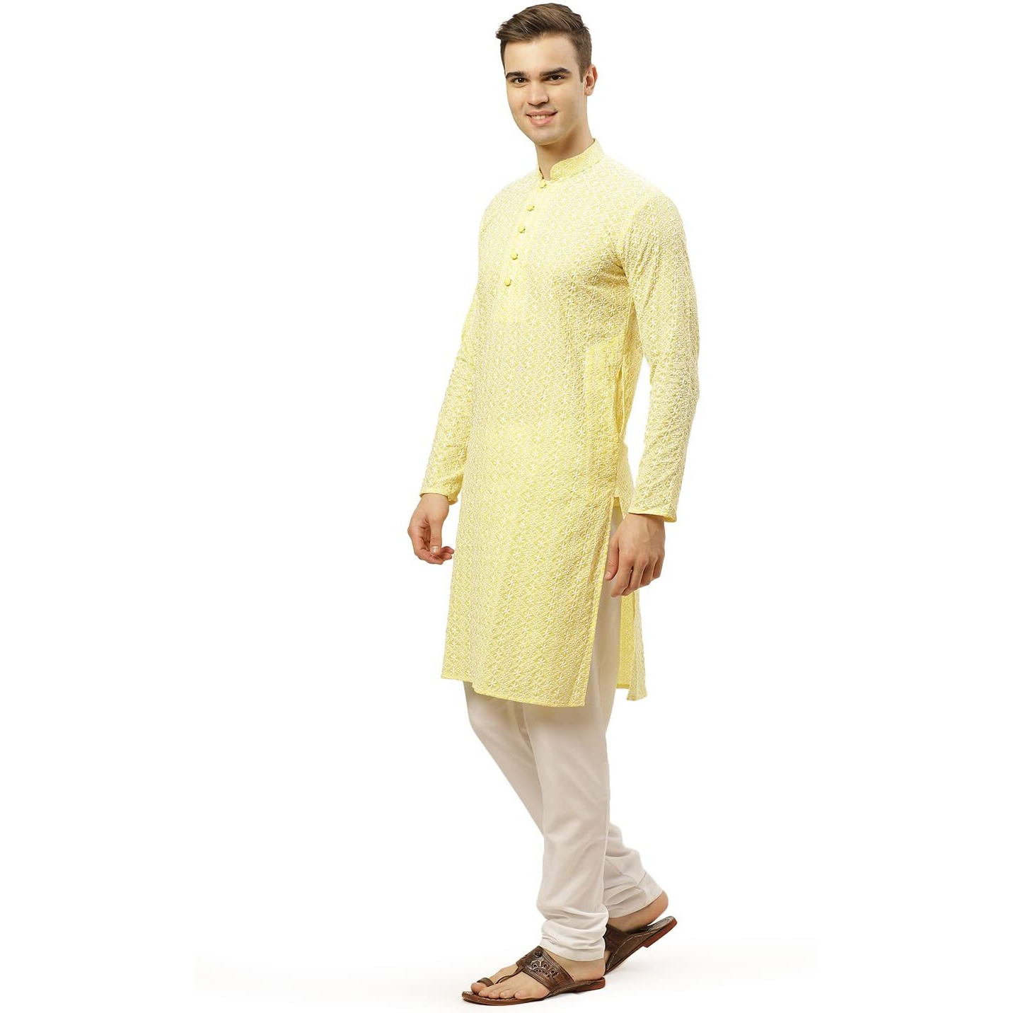 Jompers Men's Yellow & White Embroidered Straight Kurta Pyjama Set. (Yellow, M)