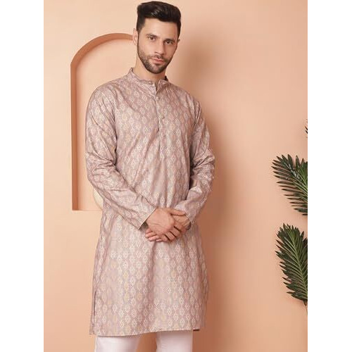 Jompers Men's Peach Foil Printed Kurtas (Peach, M)