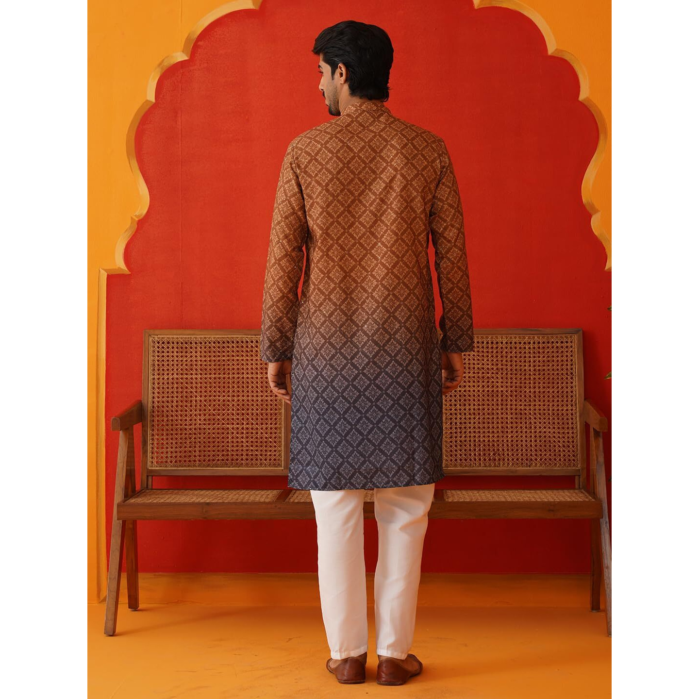 Jompers Brown Ombre Printed Kurta Pyjama Set For Men (S)
