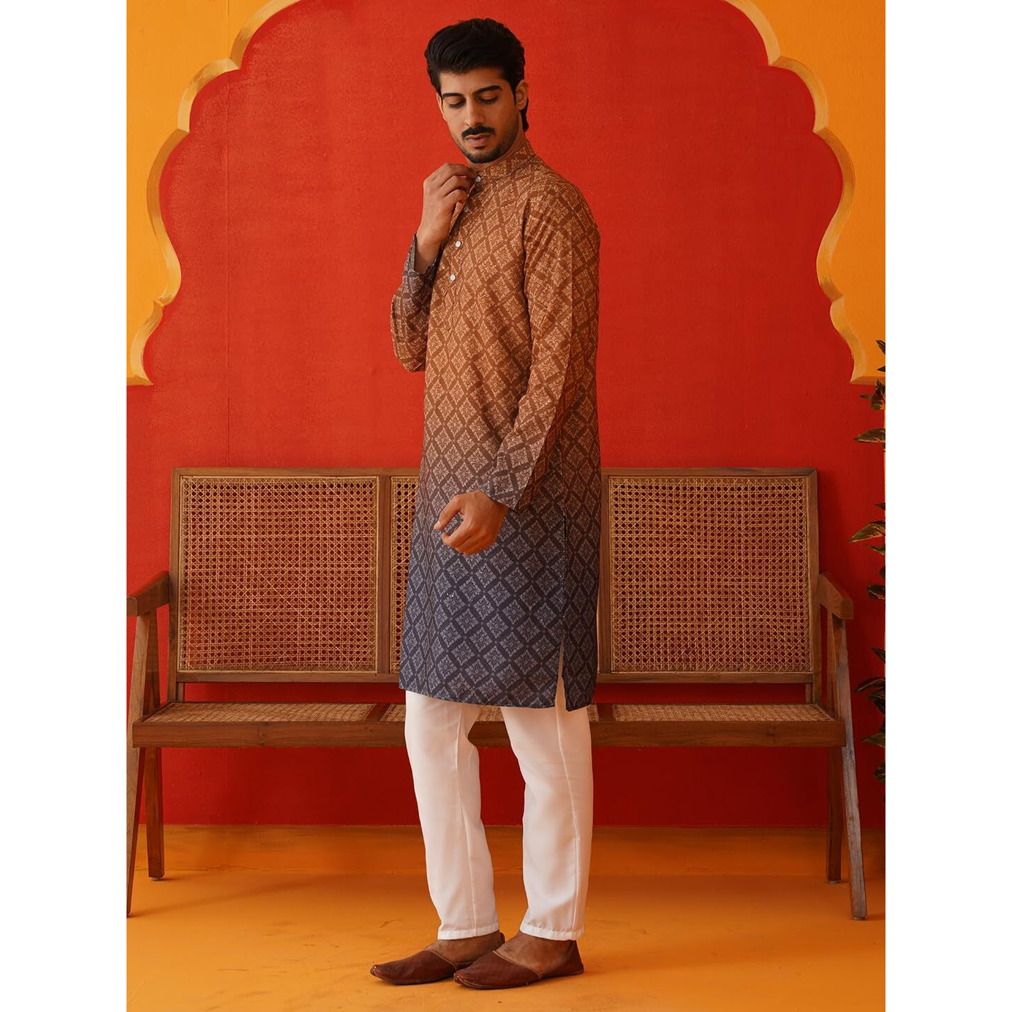 Jompers Brown Ombre Printed Kurta Pyjama Set For Men (S)