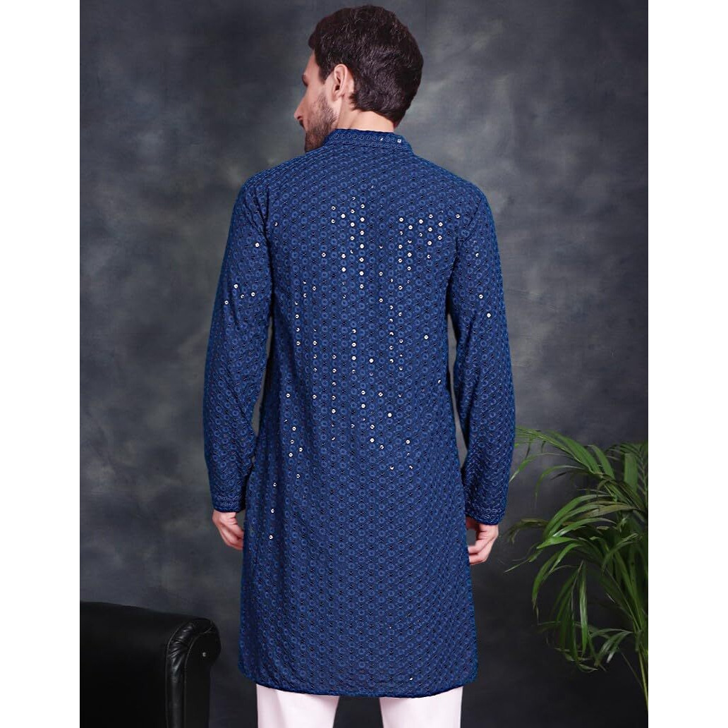 Jompers Men's Peacock Chikankari Embroidered And Sequence Kurtas (Peacock, M)