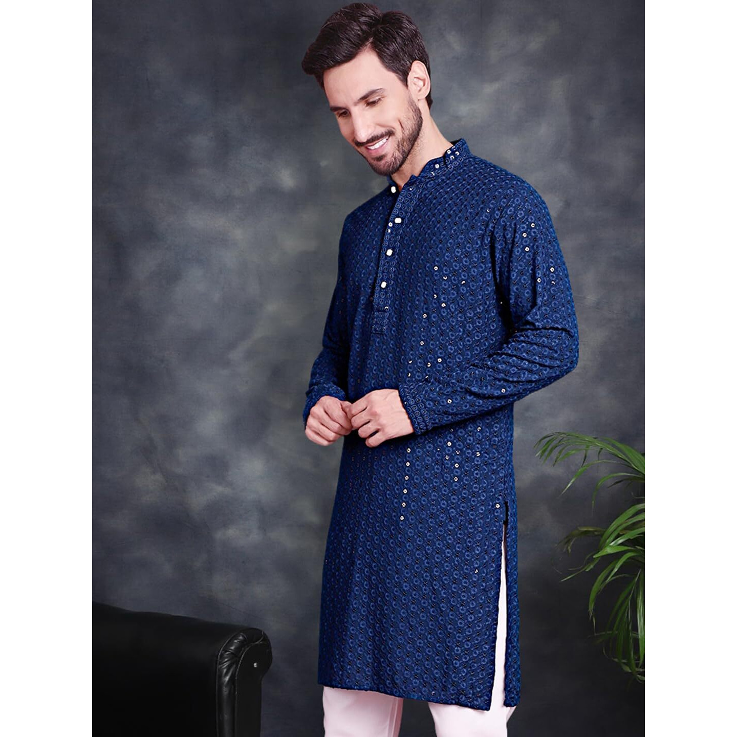 Jompers Men's Peacock Chikankari Embroidered And Sequence Kurtas (Peacock, M)