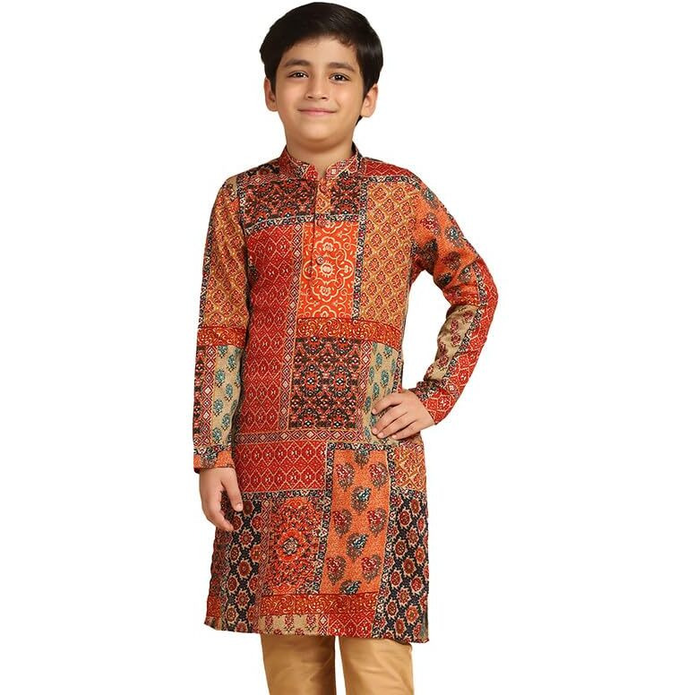 Kisah Boys Kurta | Cotton Blend Foil Print Ethnic Wear For Kids Wedding And Occasions-Kk-1037-9-10 Years Multicolour