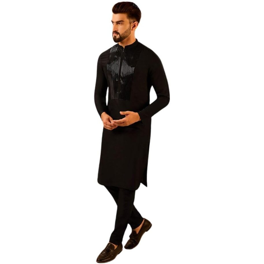 Kisah Men's Kurta, Black Cotton, Embellished Regular Fit Long Sleeves Mandarin Collar (S)