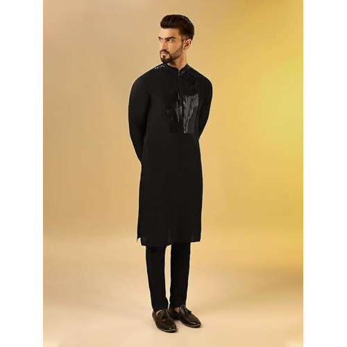 Kisah Men's Kurta, Black Cotton, Embellished Regular Fit Long Sleeves Mandarin Collar (S)