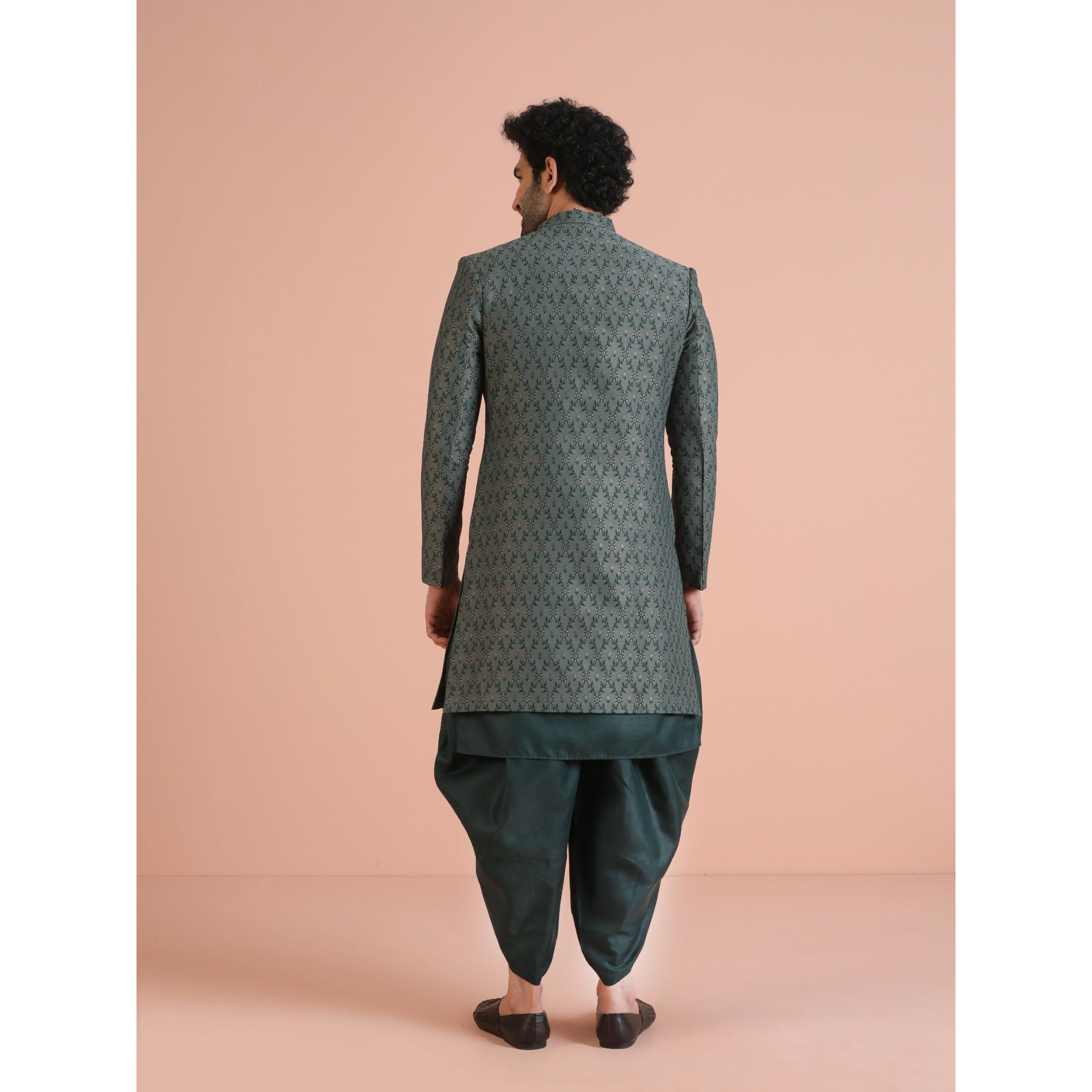 Kisah Men's Ethnic Wear Silk Blend Printed Regular Fit Green Kurta Indo-Western Sherwani Set Indo-Western|42