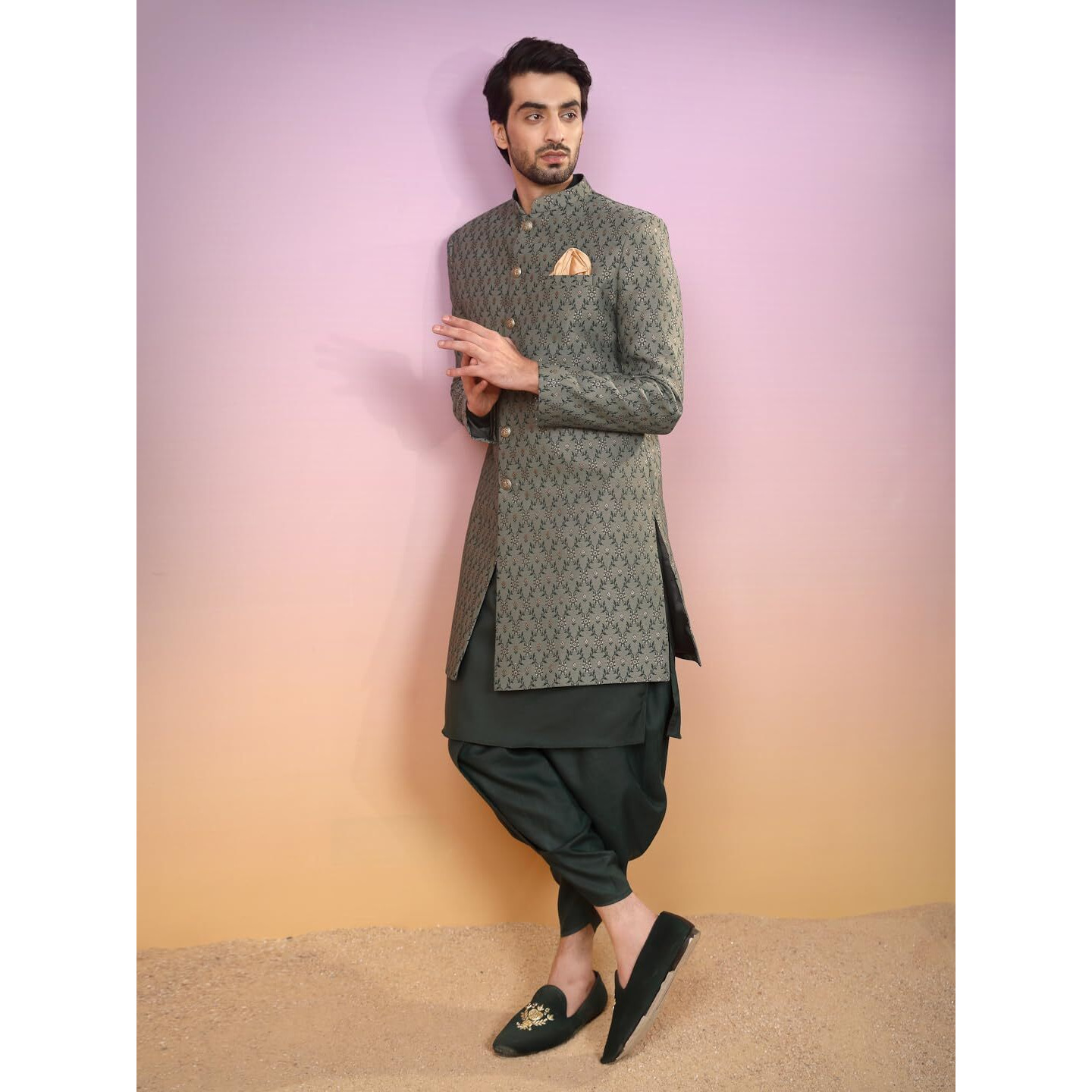 Kisah Men's Ethnic Wear Silk Blend Printed Regular Fit Green Kurta Indo-Western Sherwani Set Indo-Western|42