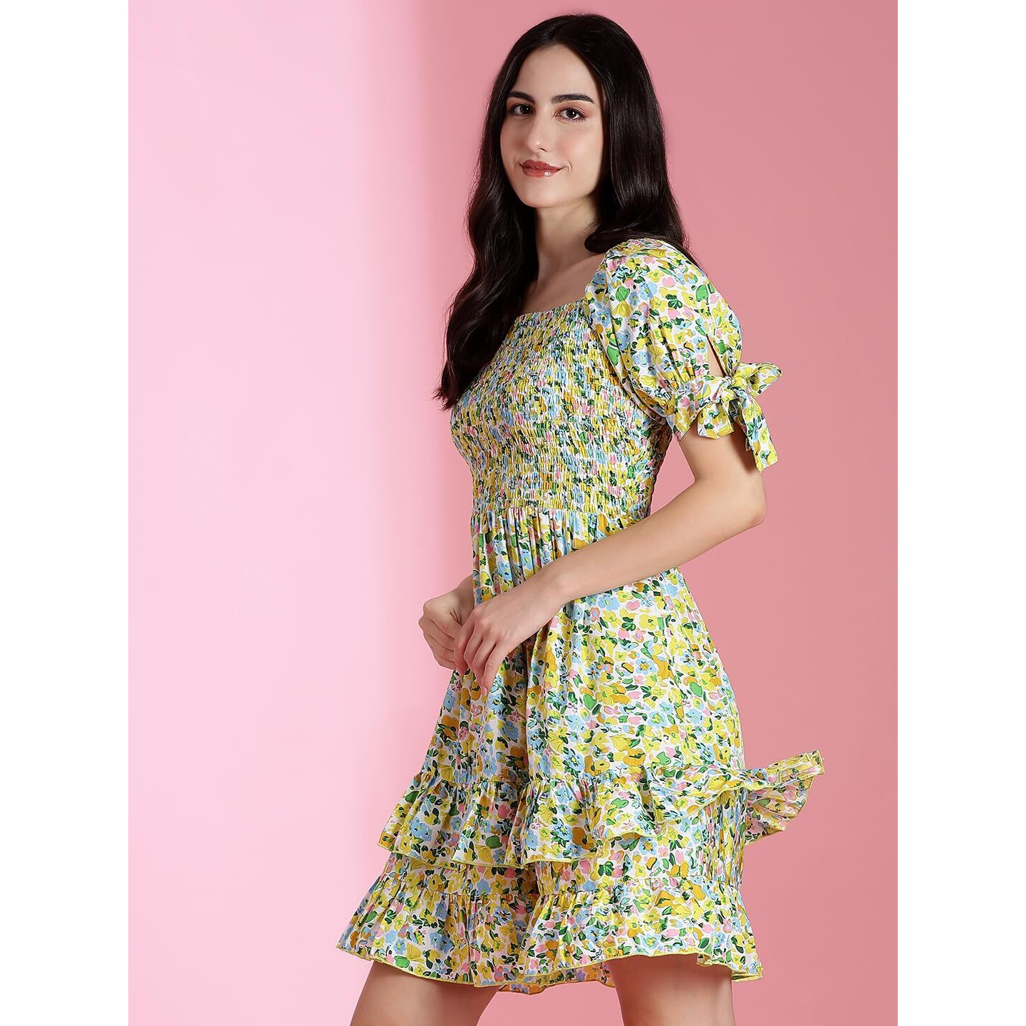 Kotty Women's Floral Print Flutter Sleeve Fit Flare Dress(Multicolored,M)