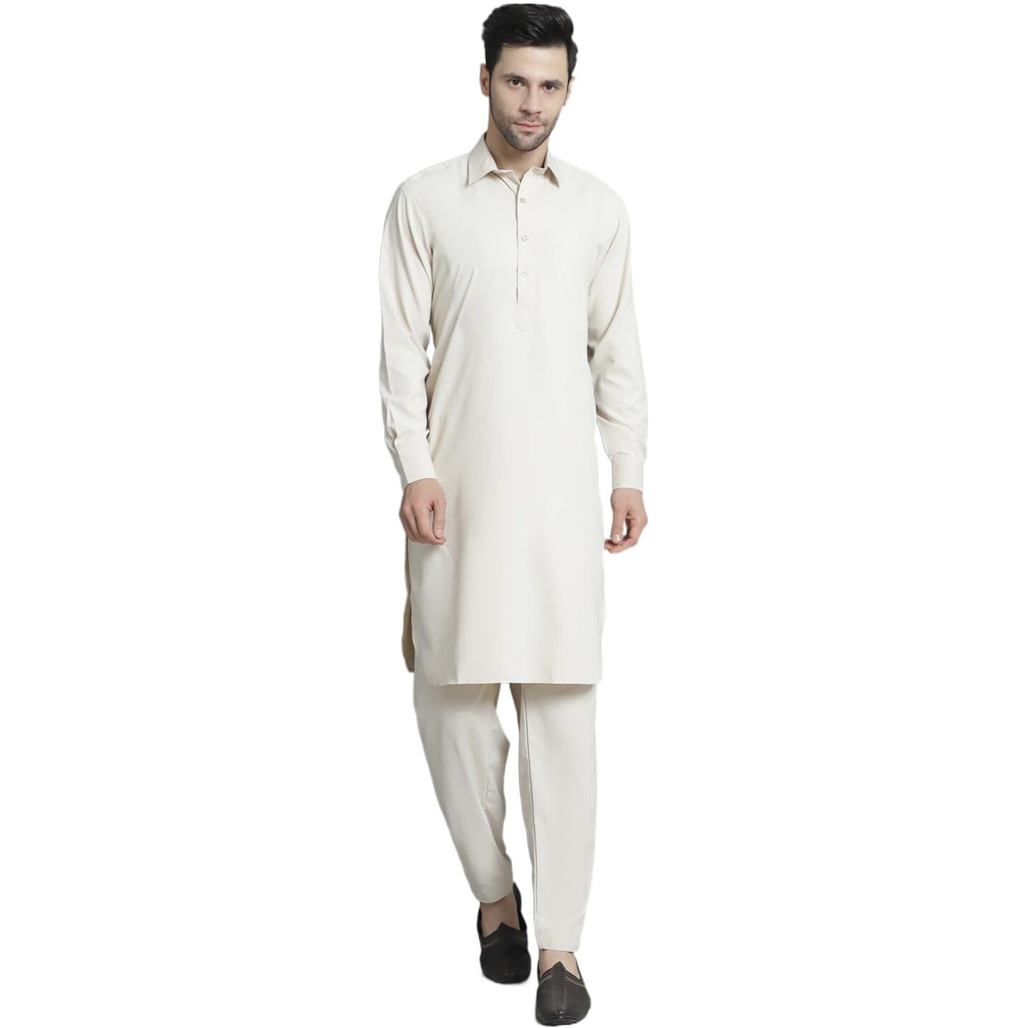 Jompers Men's Cream Solid Pathani Kurta With Salwar (Cream, S)
