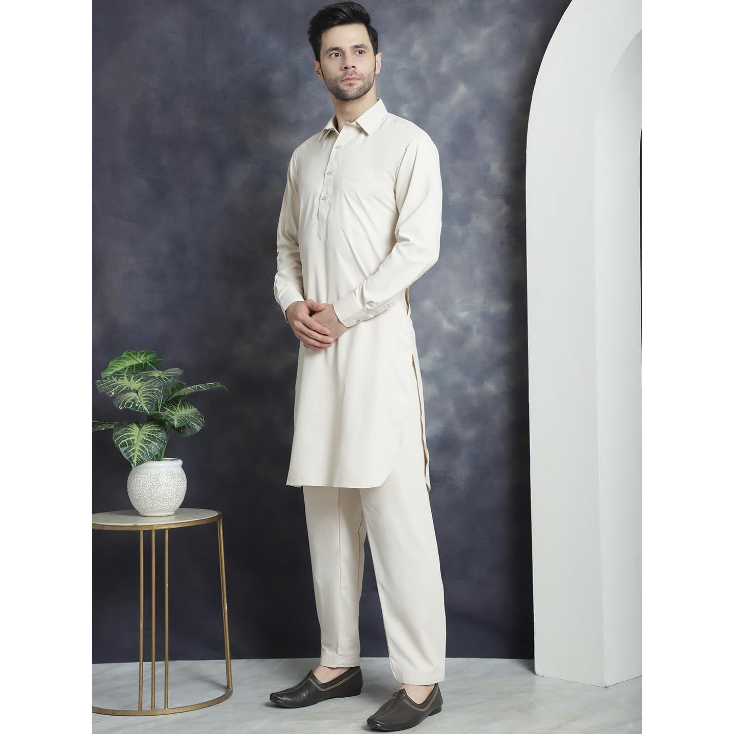 Jompers Men's Cream Solid Pathani Kurta With Salwar (Cream, S)