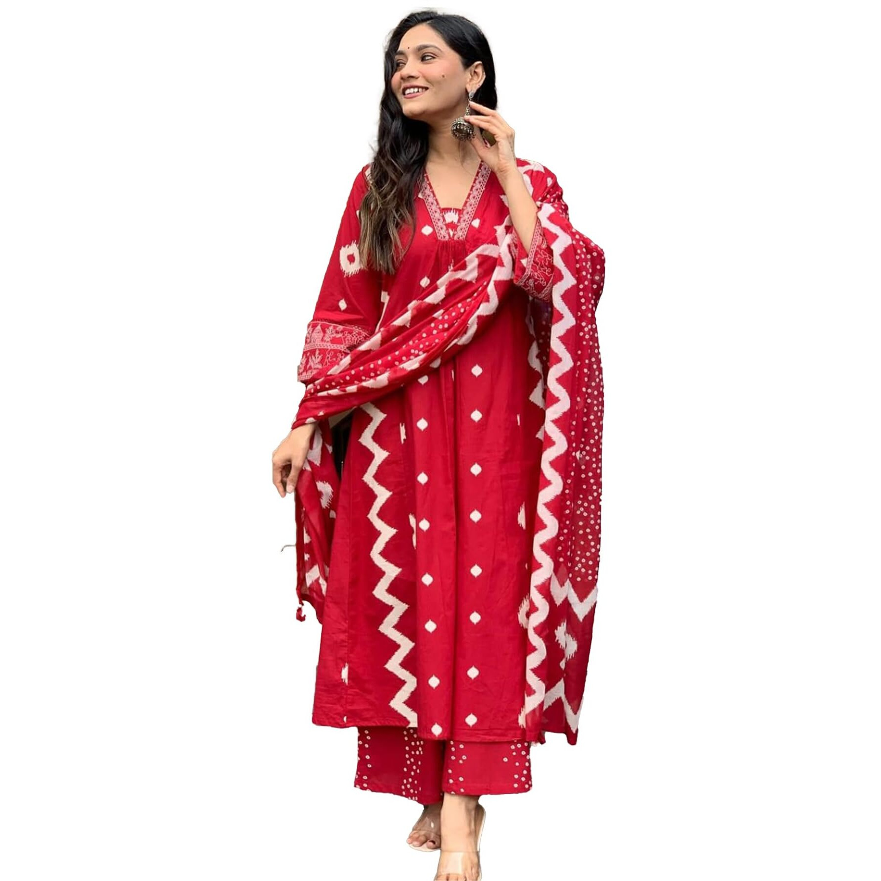 Lookmark Women's Cotton Blend Zigzag And Dotted Print Kurta Plazzo Set With Dupatta Suitable For Every Indian Occasion (Az-Lm-Og-Ks2174 Red-Xxl)