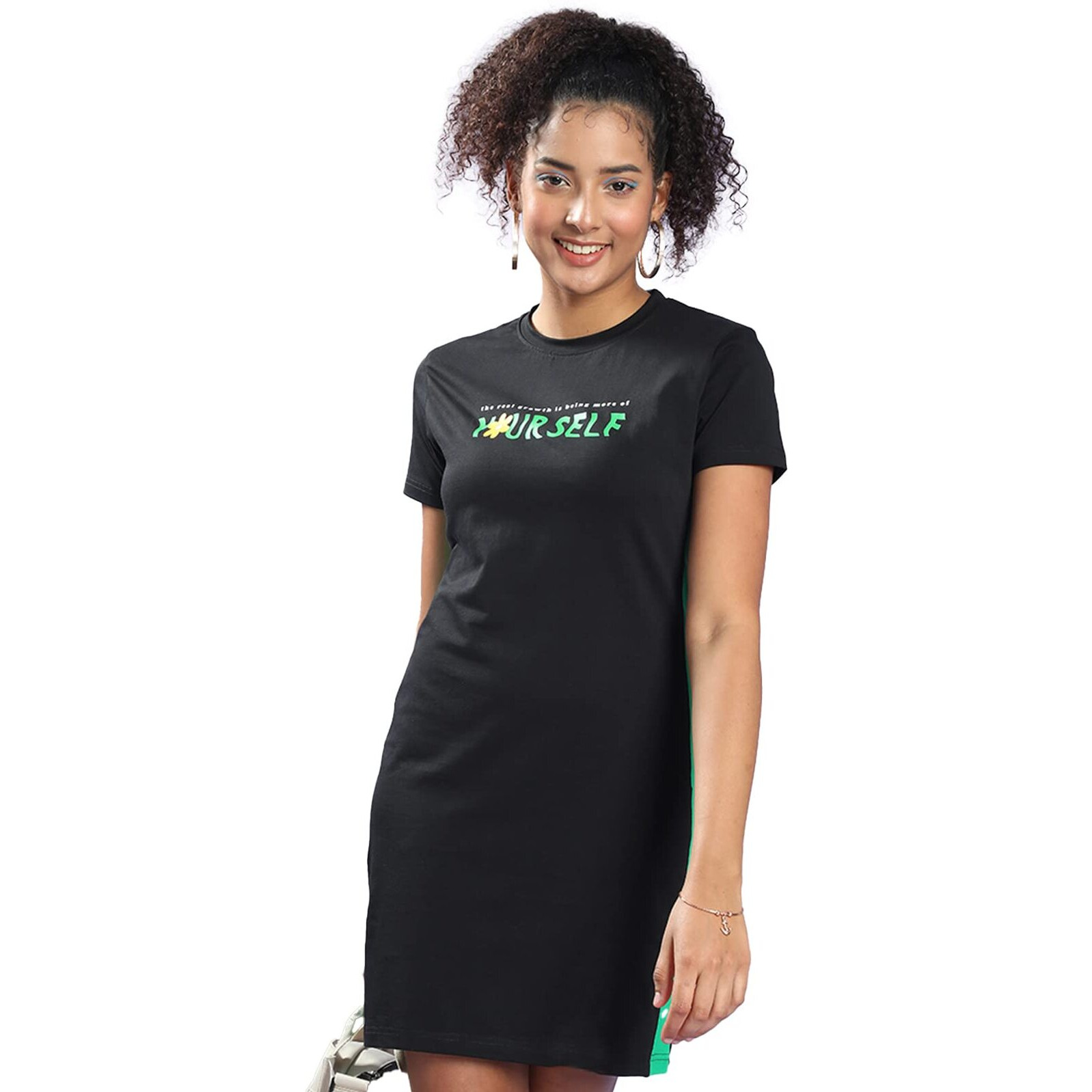 Juneberry Women Crew-Neck Typographic Print T-Shirt Black Dress With Front Slit And Contrast Tape (M)