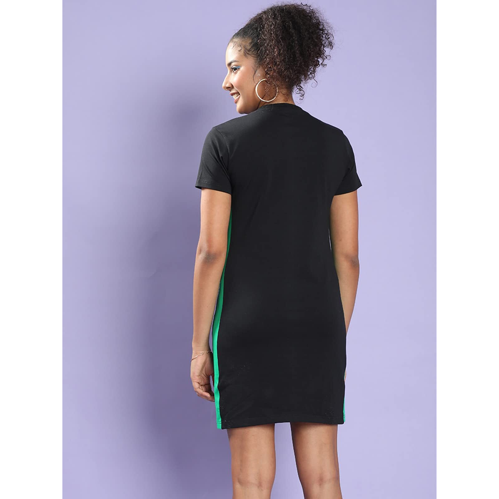 Juneberry Women Crew-Neck Typographic Print T-Shirt Black Dress With Front Slit And Contrast Tape (M)