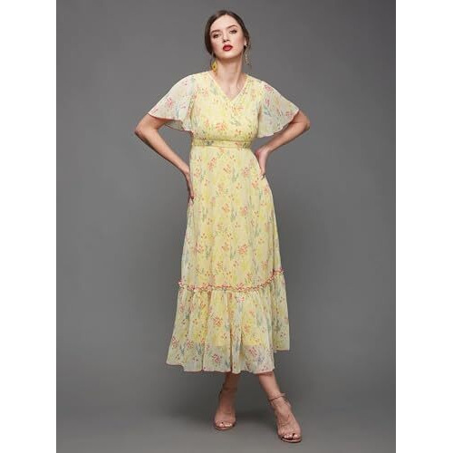 Miss Chase Women's V Neck Flared Sleeve Floral Wrap Maxi Dress (Mcaw21D06-14-164-05, Multicolored-Base-Yellow, L)