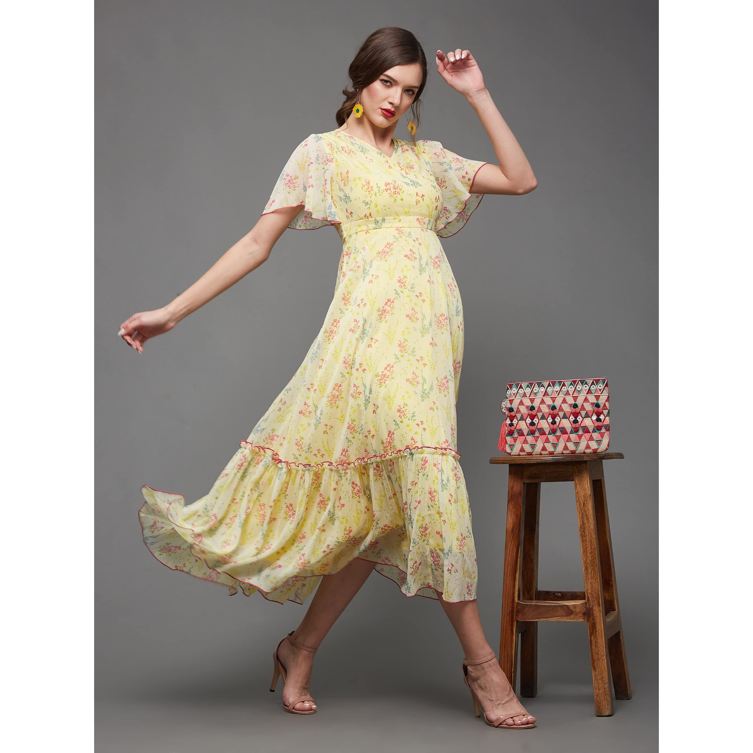 Miss Chase Women's V Neck Flared Sleeve Floral Wrap Maxi Dress (Mcaw21D06-14-164-05, Multicolored-Base-Yellow, L)
