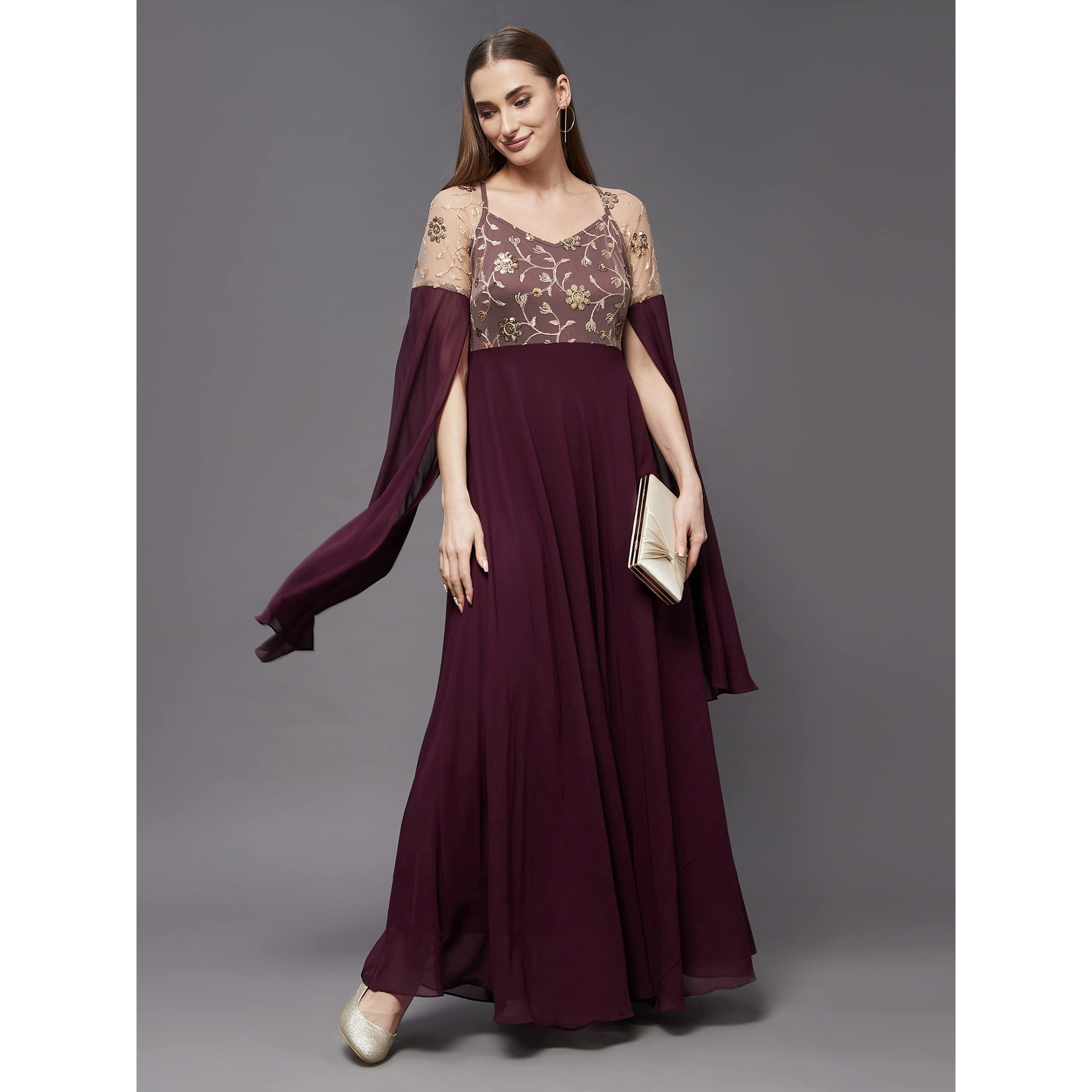 Miss Chase Women's Wine V-Neck Flared Long Sleeve Embroidered Fit & Flare Maxi Dress (Mcss22D13-60-184-04, Wine, M)