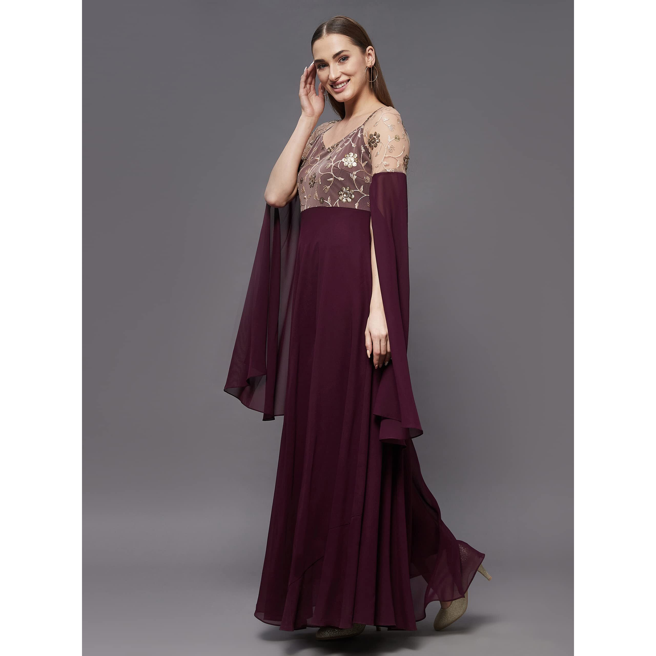 Miss Chase Women's Wine V-Neck Flared Long Sleeve Embroidered Fit & Flare Maxi Dress (Mcss22D13-60-184-04, Wine, M)