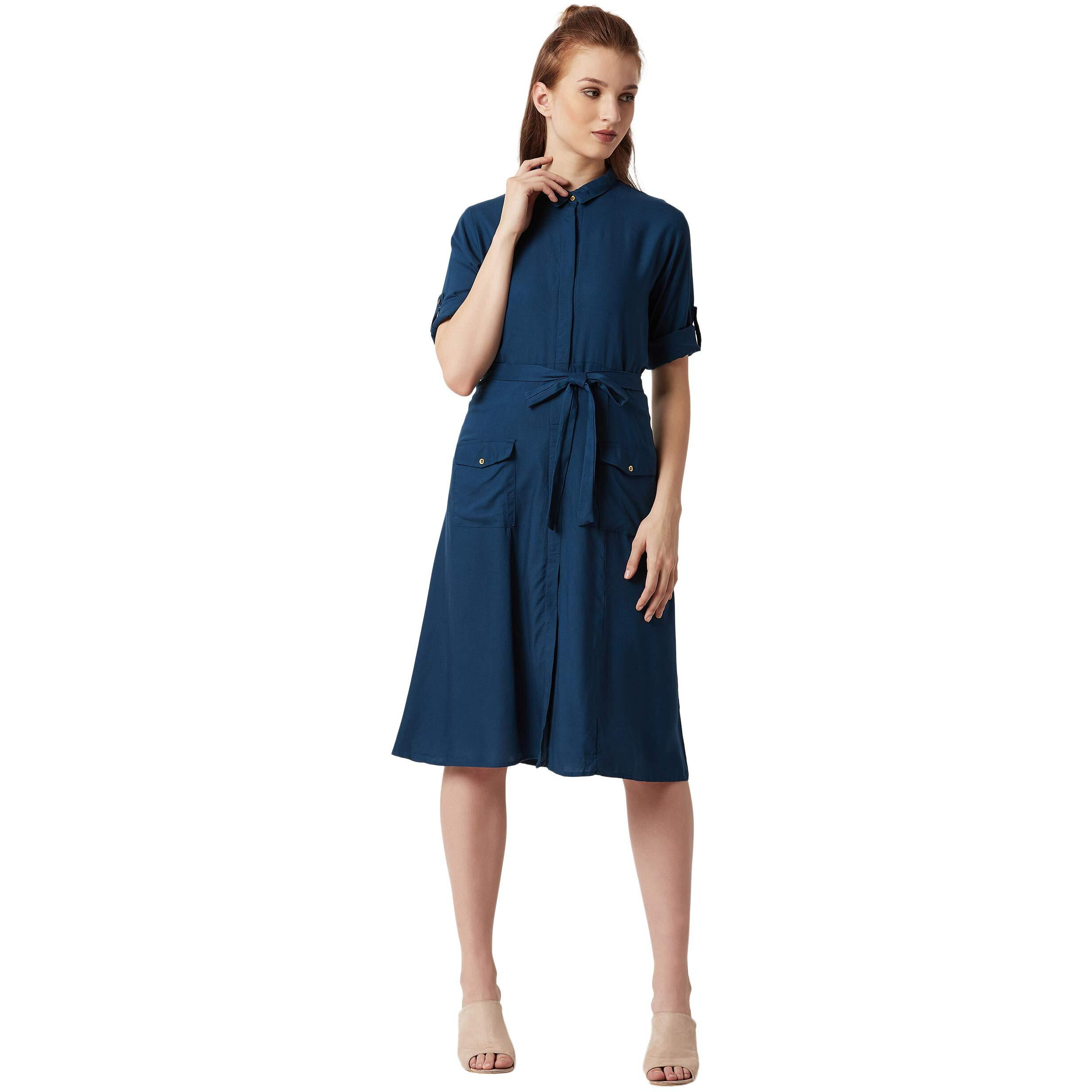 Miss Chase Women's Rayon Shirt Dress(Mcaw18D11-74-71-03,Navy Blue,Small)