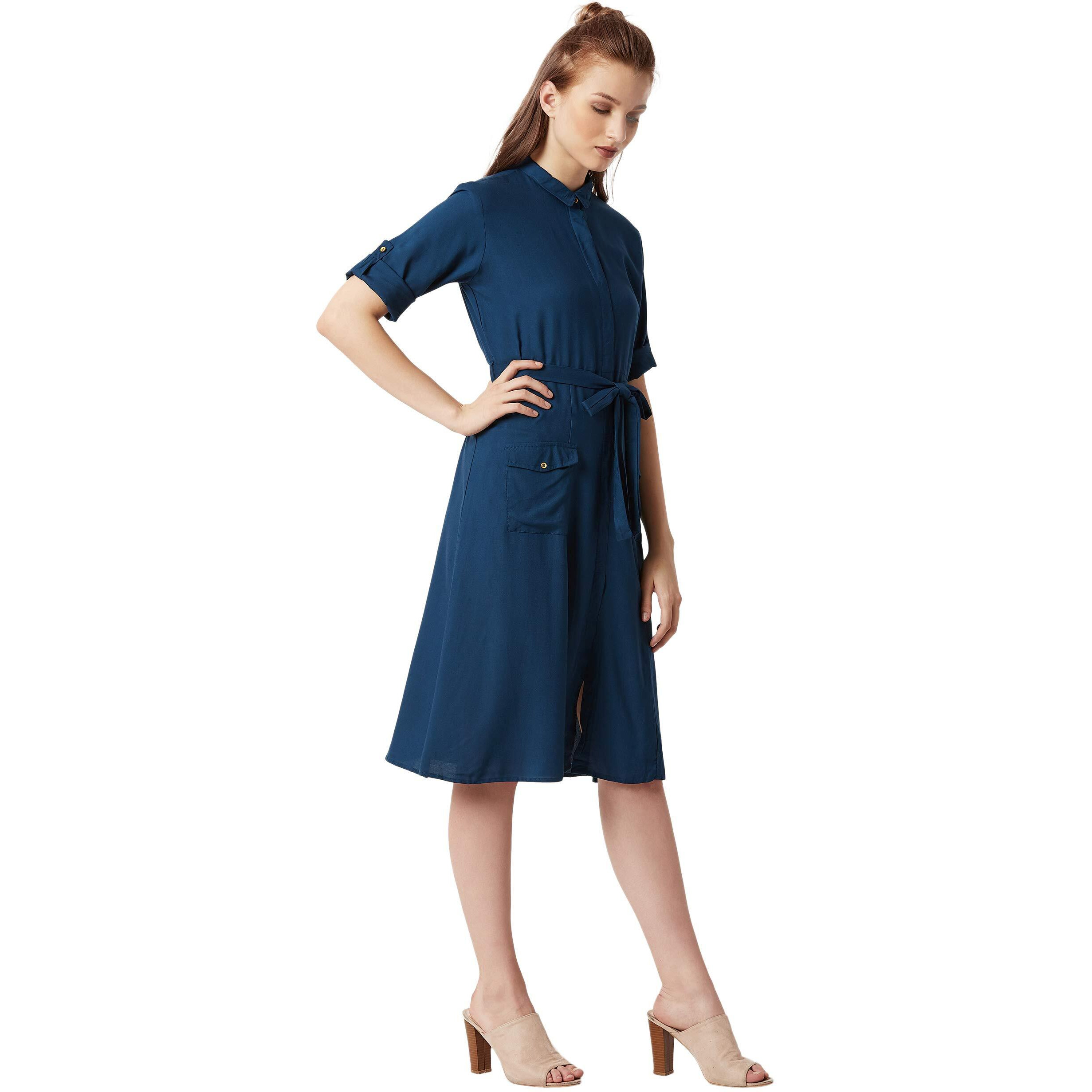 Miss Chase Women's Rayon Shirt Dress(Mcaw18D11-74-71-03,Navy Blue,Small)