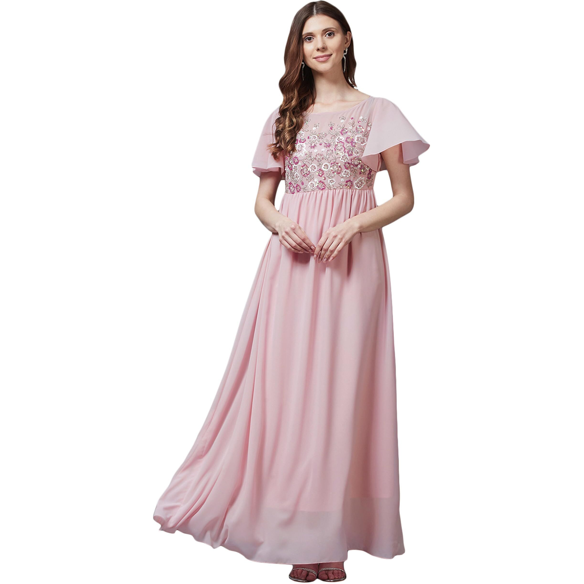 Miss Chase Women's Blush Pink Embellished Gathered Maxi Dress(Mcaw21D06-24-199-03,Blush Pink,S)