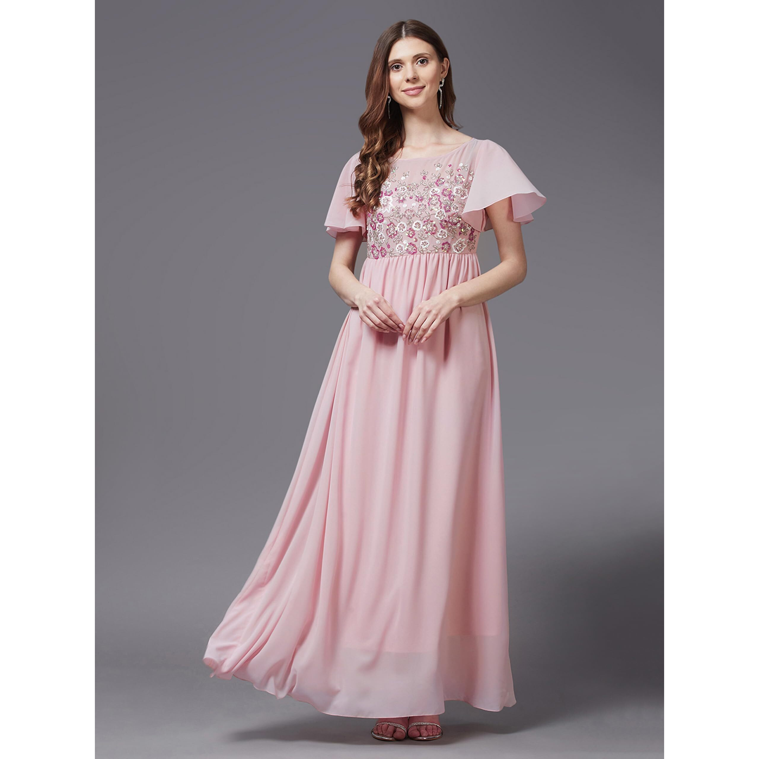 Miss Chase Women's Blush Pink Embellished Gathered Maxi Dress(Mcaw21D06-24-199-03,Blush Pink,S)