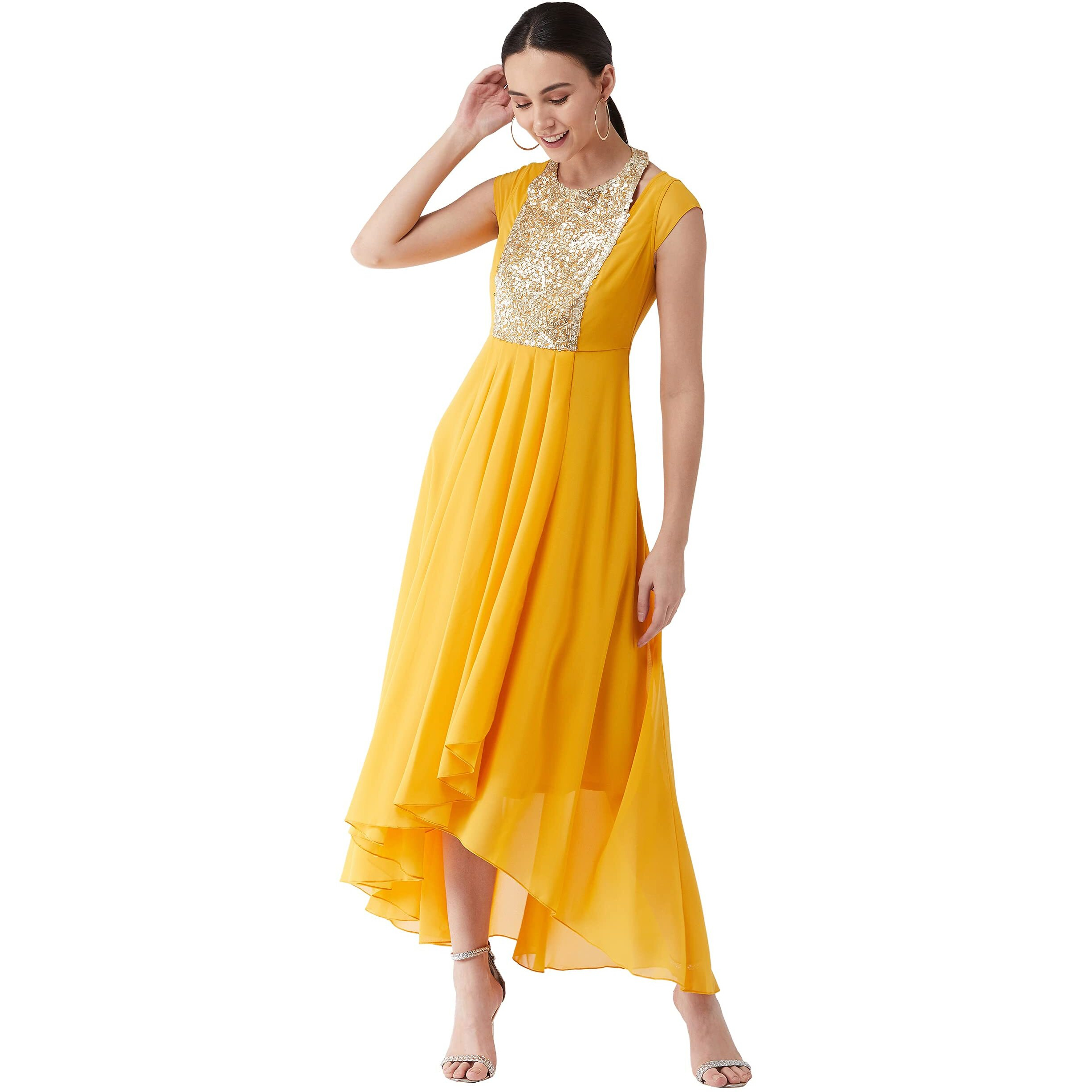 Miss Chase Women's Mustard Round Neck Cap Sleeve Solid Embellished Maxi Dress (Mcaw21D06-12-183-05,Mustard,L)