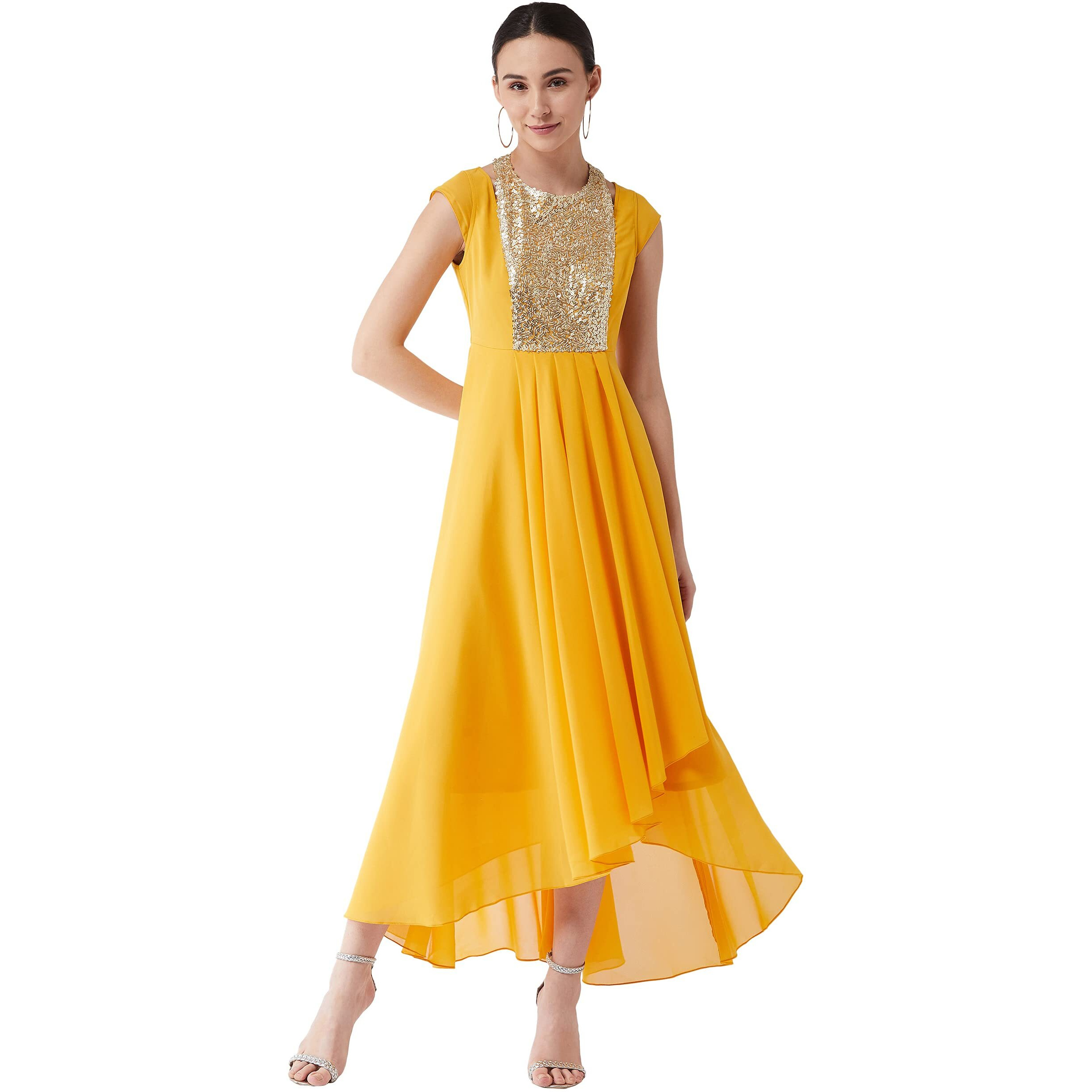 Miss Chase Women's Mustard Round Neck Cap Sleeve Solid Embellished Maxi Dress (Mcaw21D06-12-183-05,Mustard,L)