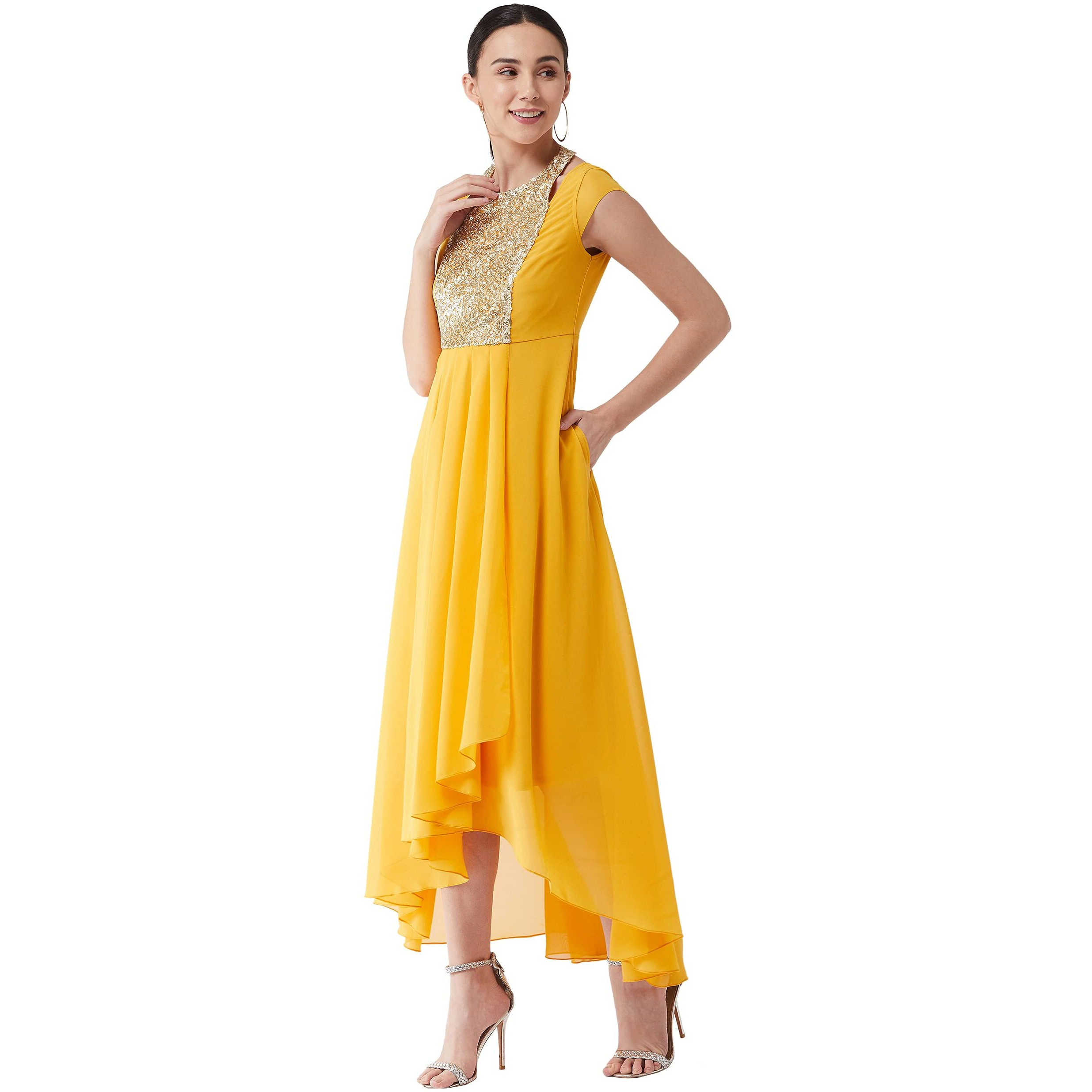 Miss Chase Women's Mustard Round Neck Cap Sleeve Solid Embellished Maxi Dress (Mcaw21D06-12-183-05,Mustard,L)