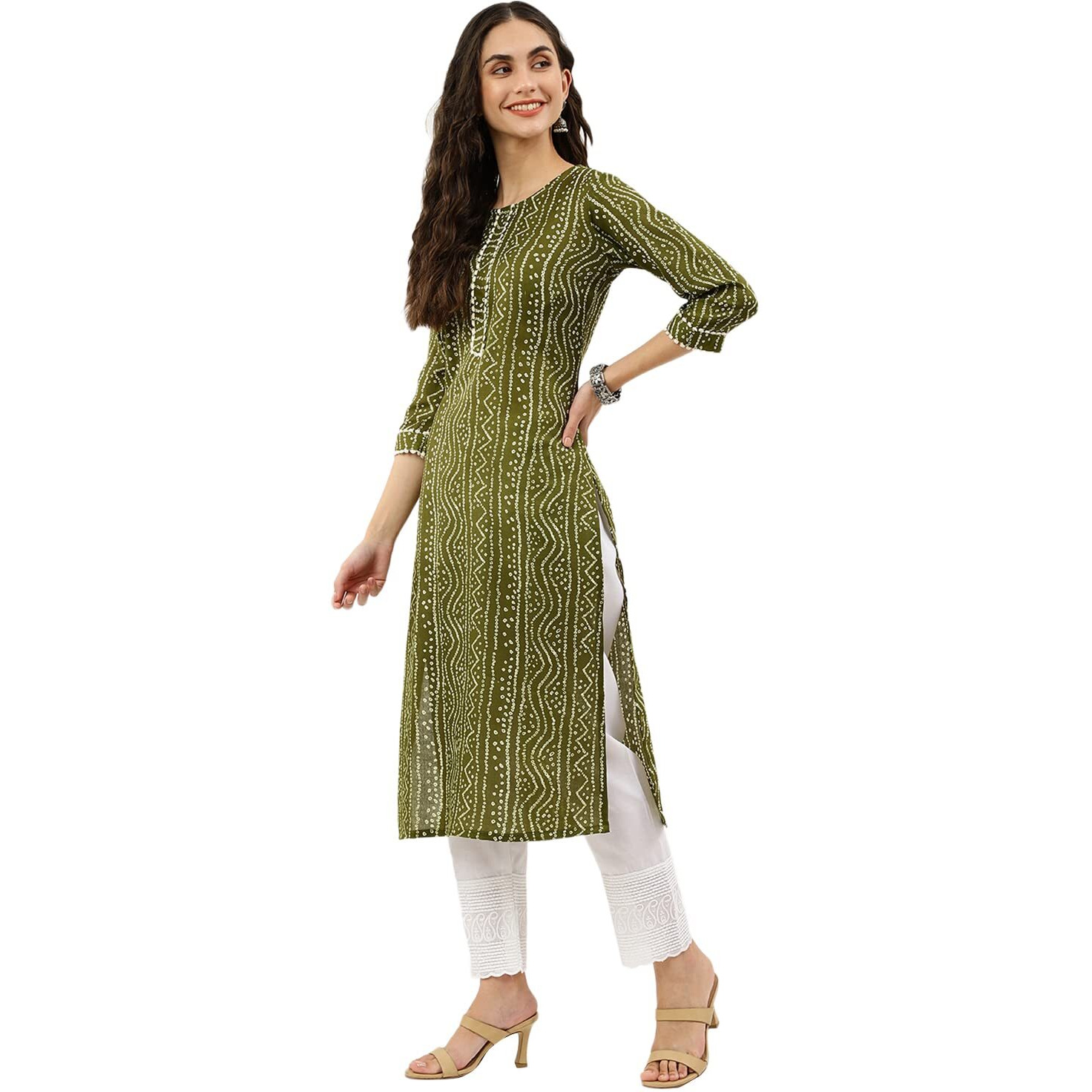 Nainvish Women's Cotton Blend Straight Round Neck Printed Kurta (Sd359_K-L_Green)