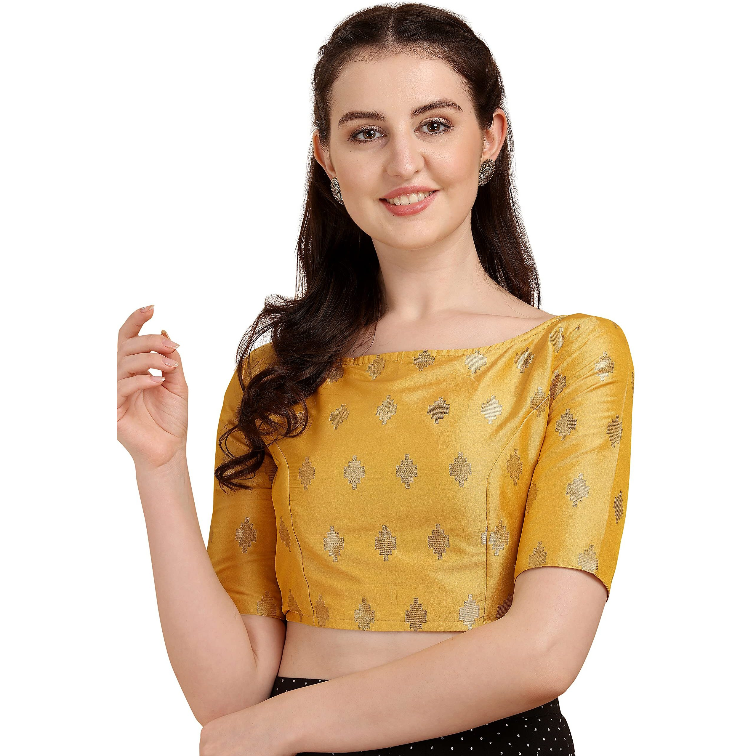 Oomph Women's Indian Ethnic Wear Designer Zari Work Boat Neck Half Sleeve Readymade Non - Padded Blouse For Saree And Lehnga And Palazzos Or Skirts For A Fusion Twist.