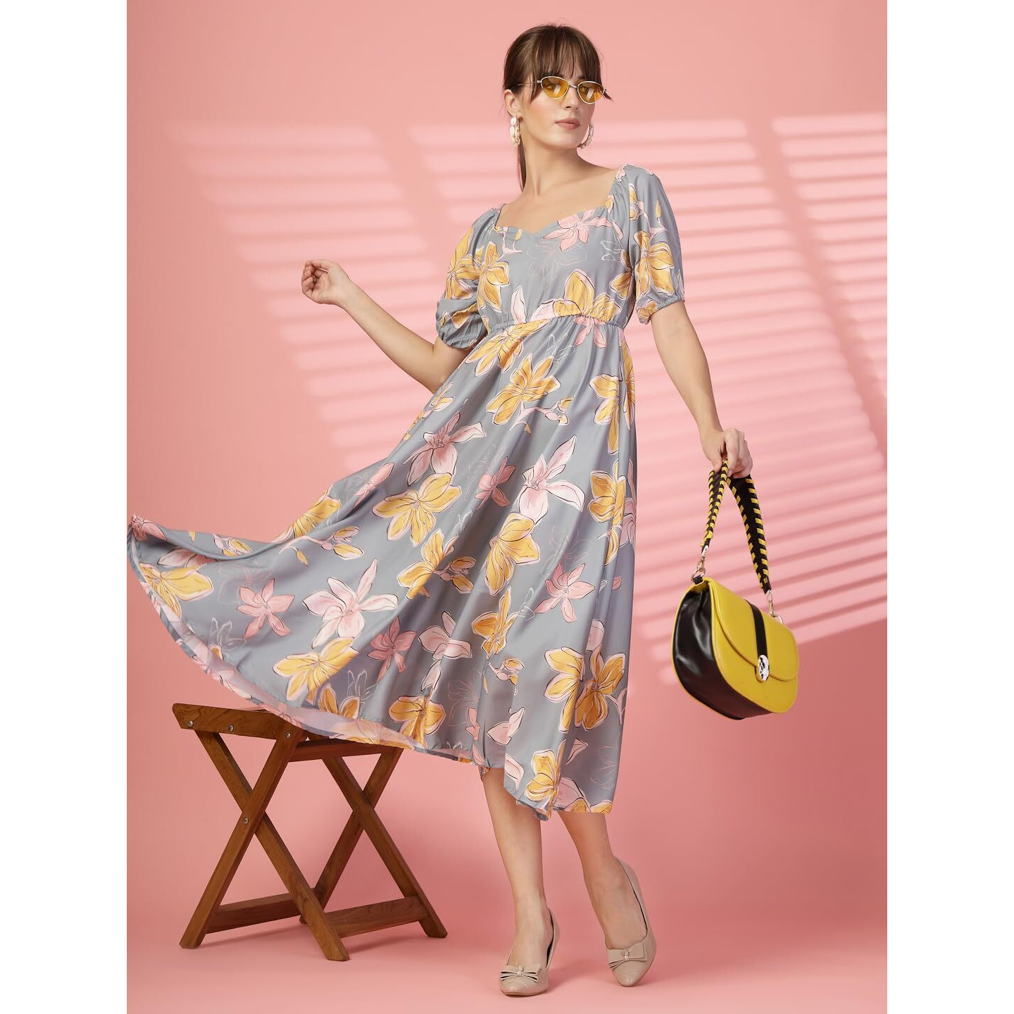 Oomph Flared Dress For Women Stylish | Long One Piece For Women | Puff Sleeve Long Dress | Floral Print Maxi One Piece | Western & Fusion Wear