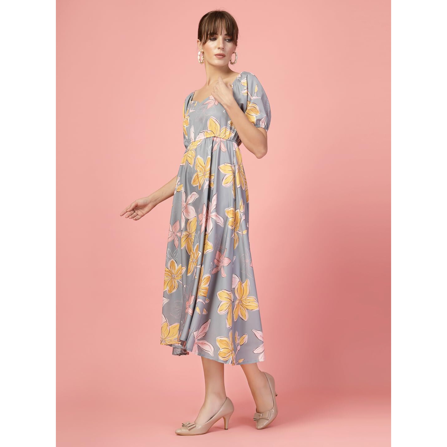 Oomph Flared Dress For Women Stylish | Long One Piece For Women | Puff Sleeve Long Dress | Floral Print Maxi One Piece | Western & Fusion Wear