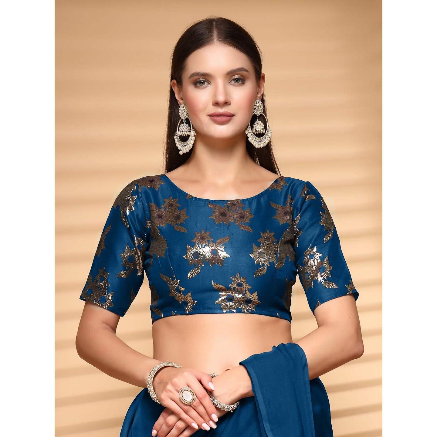 Oomph Women's Indian Ethnic Wear Designer Floral Pattern Zari Work Boat Neck Half Sleeve Teal Blue Color Brocade Readymade Blouse For Saree Or Lehnga And Fusion Twist. S