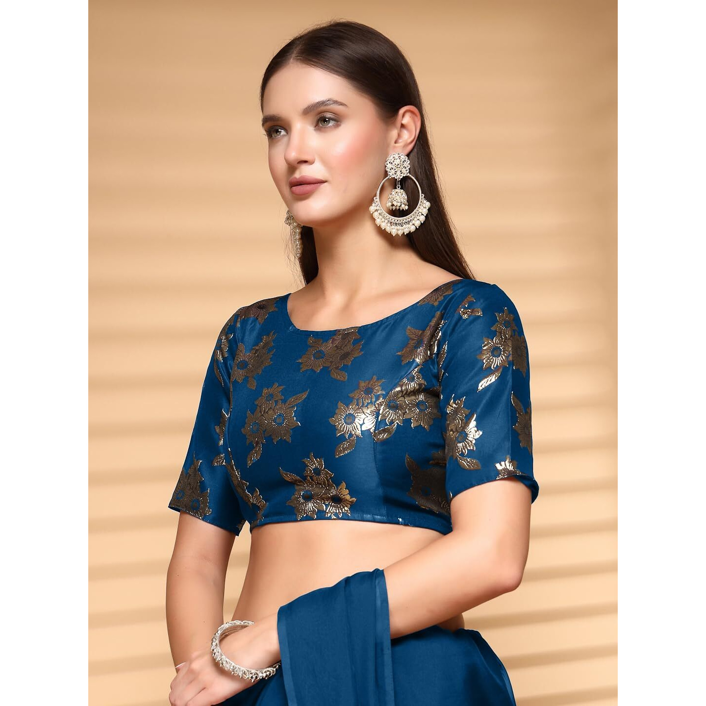 Oomph Women's Indian Ethnic Wear Designer Floral Pattern Zari Work Boat Neck Half Sleeve Teal Blue Color Brocade Readymade Blouse For Saree Or Lehnga And Fusion Twist. S